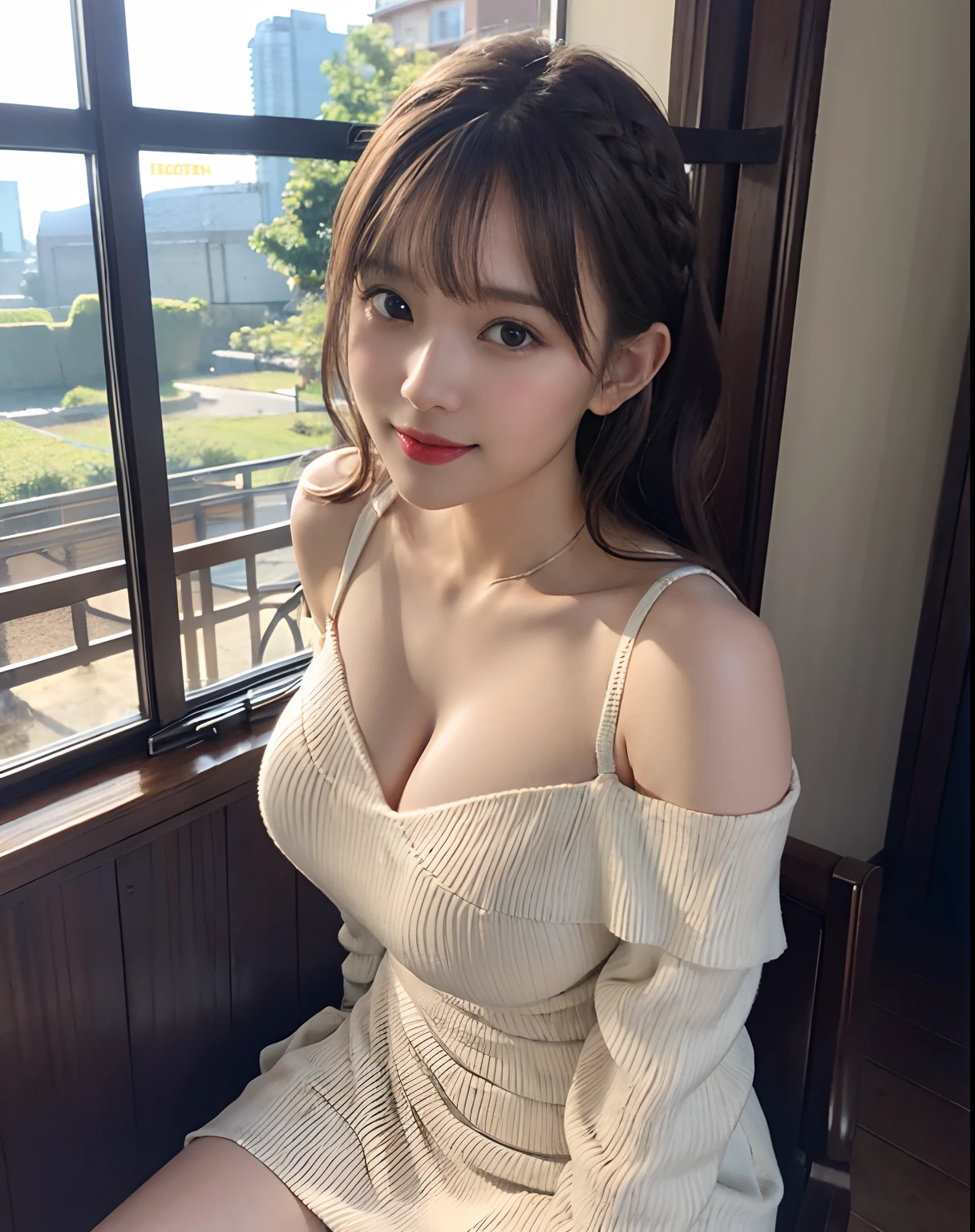 More skin, toView, Brown-eyed, (Light Brown Fringe Hair:1.2),Braided hair、The long-haired、(Photorealsitic:1.4), Shadow、(Top image quality:1.0), (超A high resolution:1.0), 8K, Raw photography, (masterpiece:0.2), (pureerosface), Room, Pure Blue Solid Off Shoulder Knit Dress、No shoulder straps、(Emphasize the valley:1.8)、(爆乳:1.5), Coordinated breasts, ssmile, Bright lighting, from the thighs up、sexy pose
