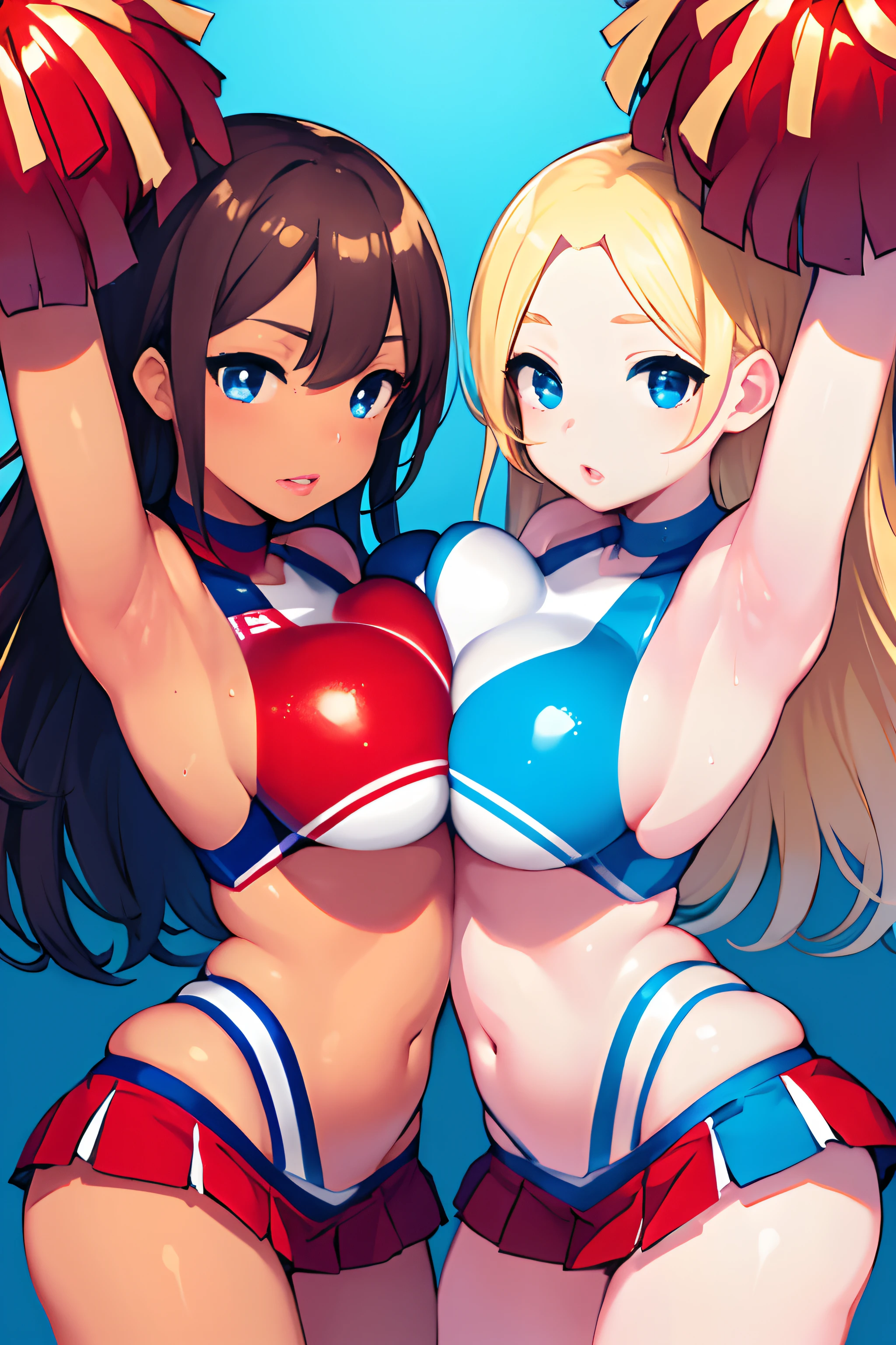 2girls, standing close to one another, breasts pressed up against eachother, enormous breasts, curvy, cheerleaders, cheerleading outfits, tanned skin, blonde hair, lipstick, lips