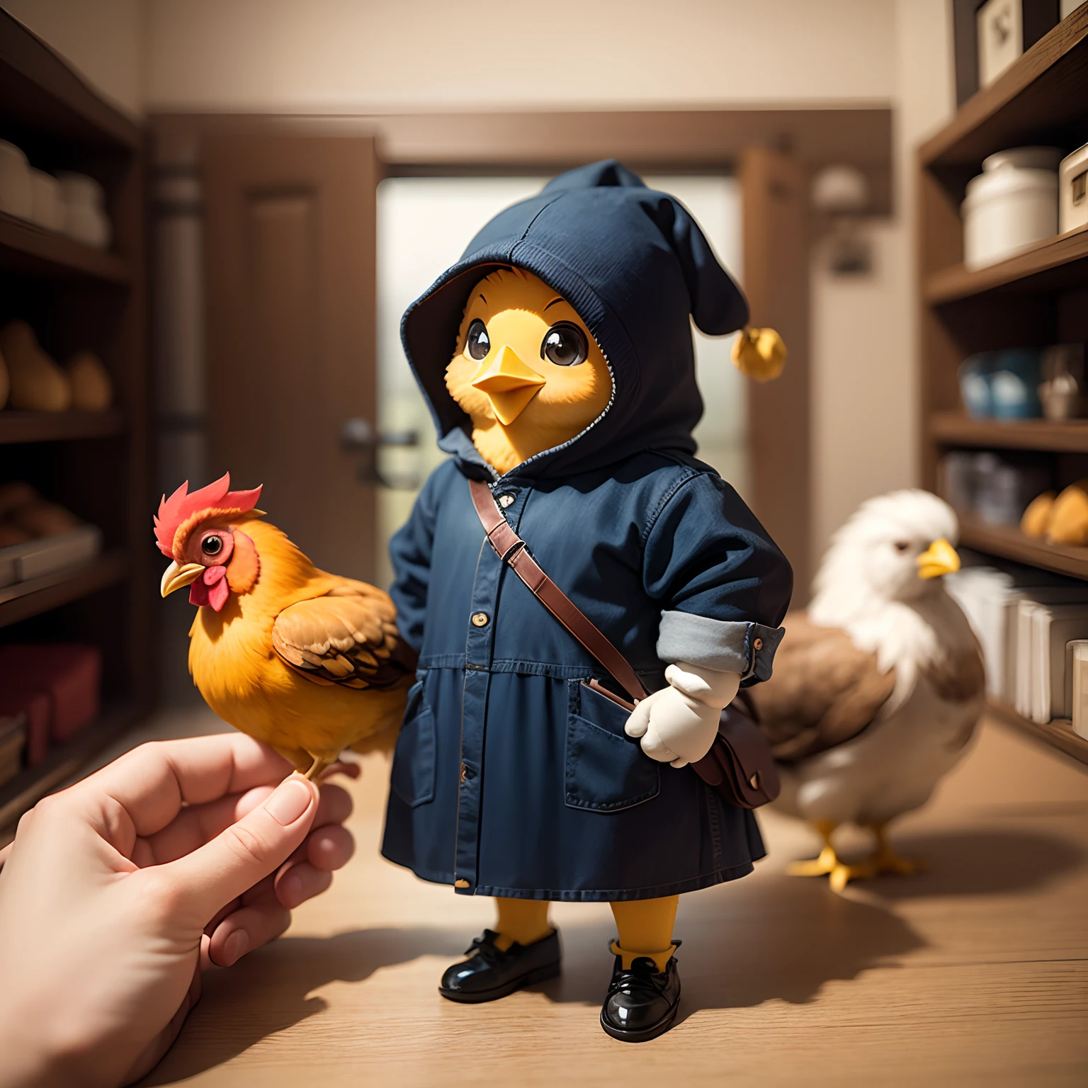 ​masterpiece、top-quality、ultra-detailliert、（Chibi Chara Chicken：1.37）、A chibi character with a chicken-like face、The background is Vermeer's『View of Delft』、Standing、Open your mouth and smile