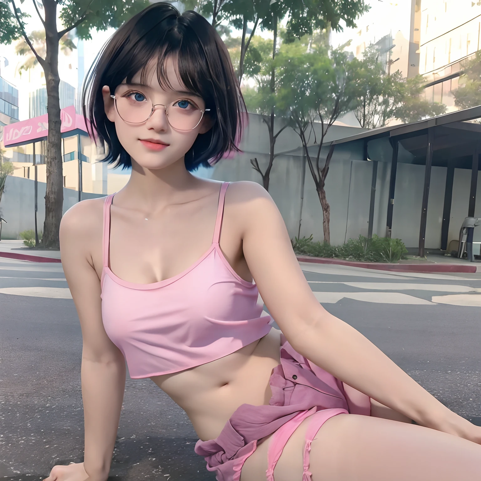  cute girl with black short bob hair and bangs, she is in eyeglasses, pink-strapped transparent camisole, no bra, pink shorts, petite body, seen through, her skin bright, beautiful blue eyes, outdoor, she's doing selfie, 8k detailed high quality, nsfw, semi-realistic