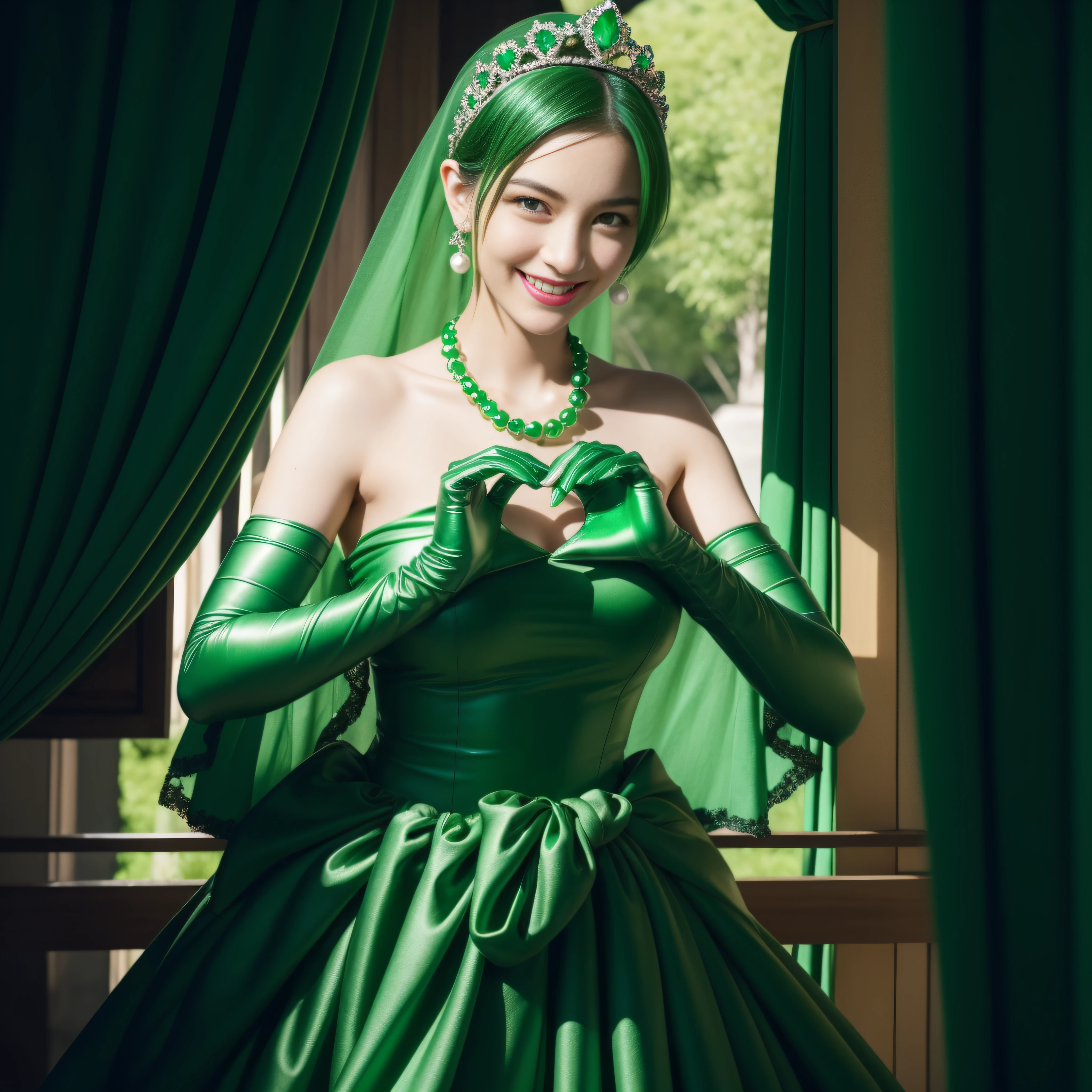 emerald tiara, green pearl necklace, boyish very short green hair, lipstick, smiling Japanese woman, very short hair, big breasts beautiful, green eyes, Long green satin gloves, green eyes, V sign, emerald earrings, green veil