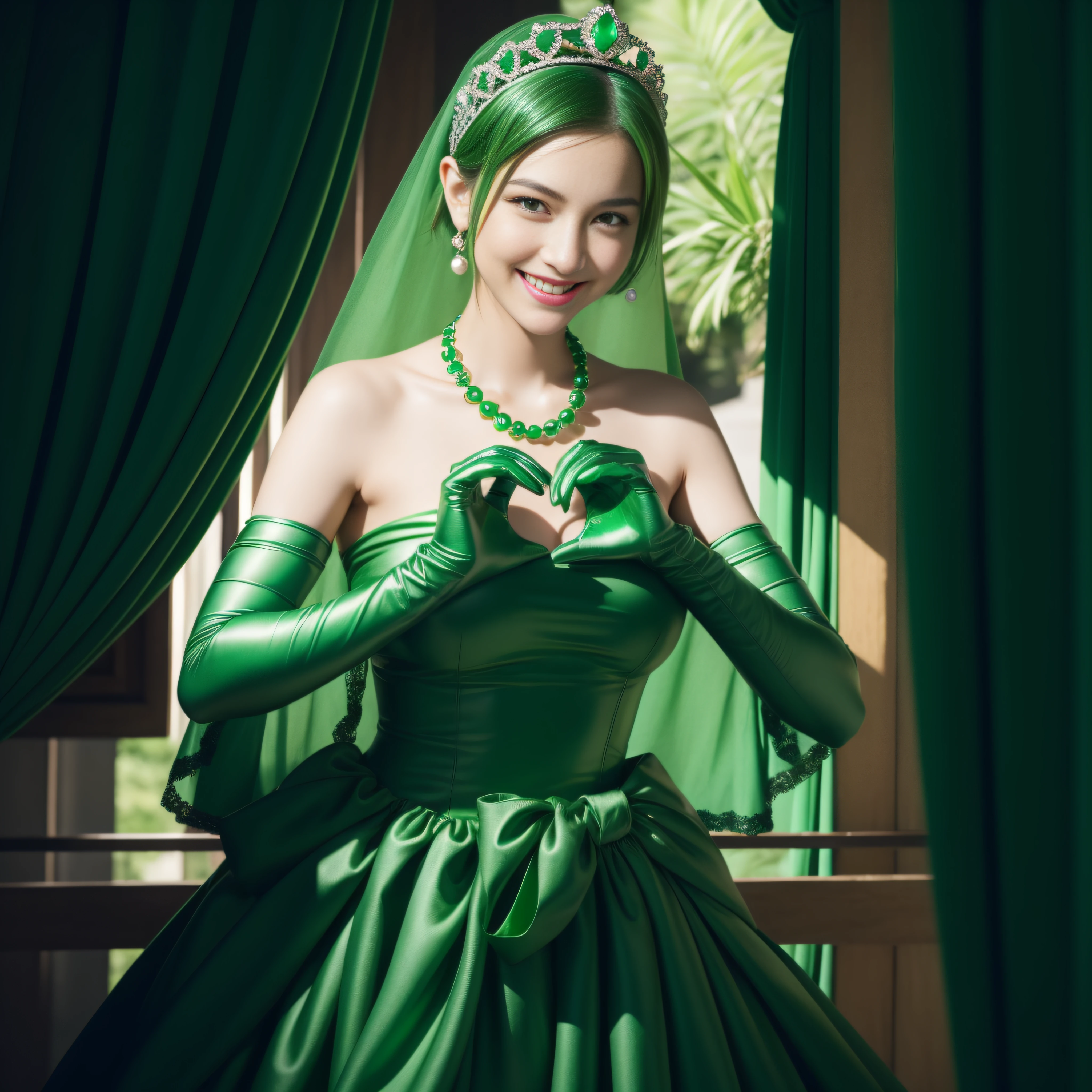 Emerald tiara, Green Pearl Necklace, boyish very short Green Hair, Green Lips, Smiling Japanese woman, Very short hair, Busty beautiful lady, Green Eyes, Green satin gloves, Green Eyes, emerald earrings, Green veil, heart with both hands, Green Hair, Beautiful Japanese Women, Heart shaped hands:1.3, green lip gloss