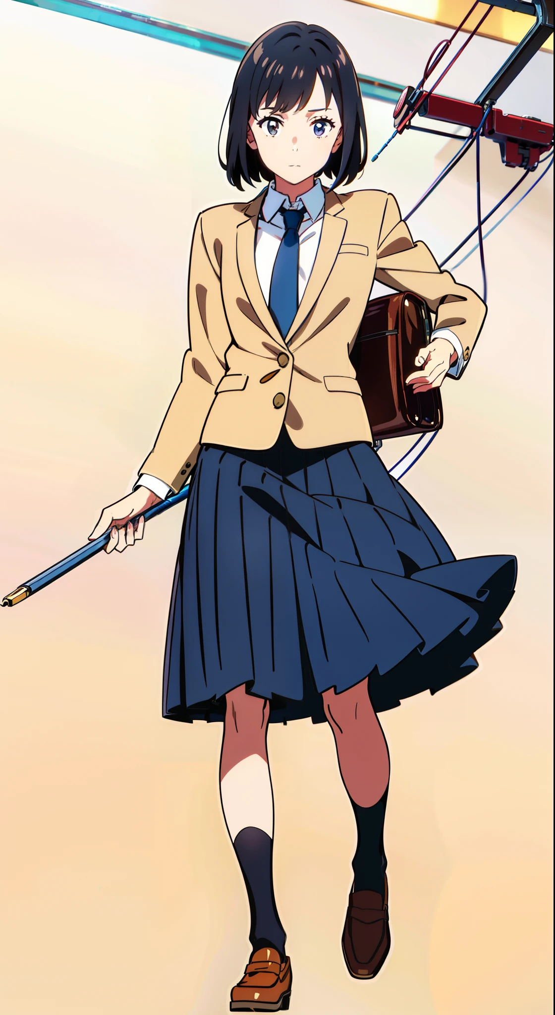 (dynamic pose:1.3), (white background:1.1), (best quality:1.1), (masterpiece:1.1), (full body:1.0), (solo:1.0), (a 18yo cute girl:1.0), (long skirt:0.9), (dark blue skirt:1.0), (pleated skirt:1.0), (school uniform beige blazer:1.0), (dark blue necktie:1.0), (black socks:1.0), (loafers:1.0), (lanky:1.1), (tall:1.1), (slender:1.1), (small breasts:1.1), (detailed beautiful eyes:1.0), (detailed beautiful face:1.0), (glowing black eyes:1.0), (short hair:1.0), (strait hair:1.0), (black hair:1.0)