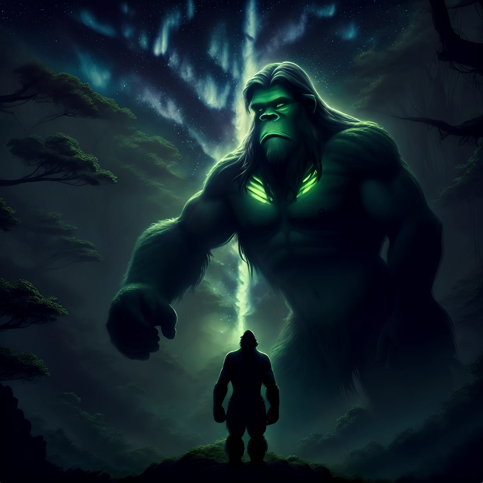 Bigfoot holding hands with green alien in a forest with a starry night sky