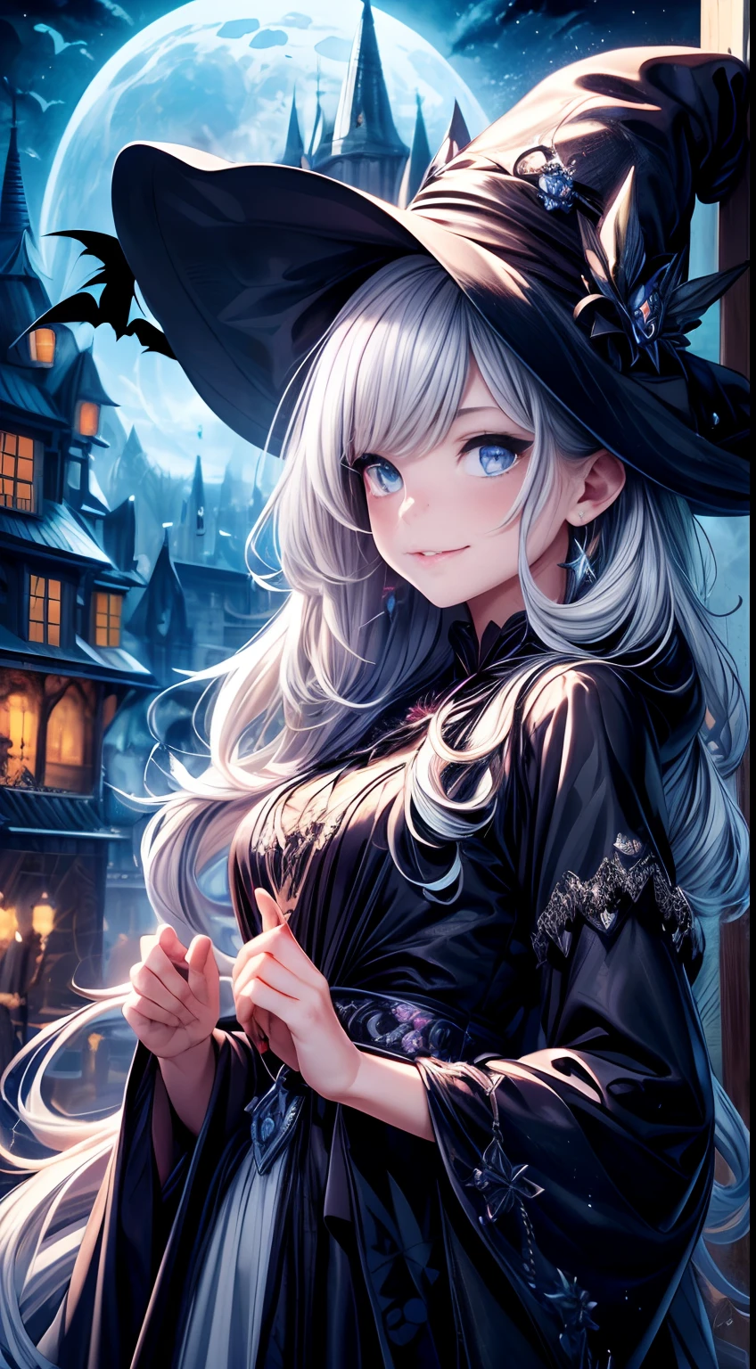 (Best quality,4K,8K,A high resolution,Masterpiece:1.2),Ultra-detailed,(Realistic,Photorealistic,photo-realistic:1.37),Cartoon style,Cute Halloween witches,Beautifully detailed eyes,beautiful detailed lips,Extremely detailed face,Long eyelashes,Colorful costumes wearing witch hats,Playful and mischievous expression,pointy nose,Fair skin,White teeth,flying brooms,Bat ornaments,Full moon in the background,magical sparkles,haunted house,Spooky forest,Artistic visual style,Pastel color palette,Warm and pleasant lighting