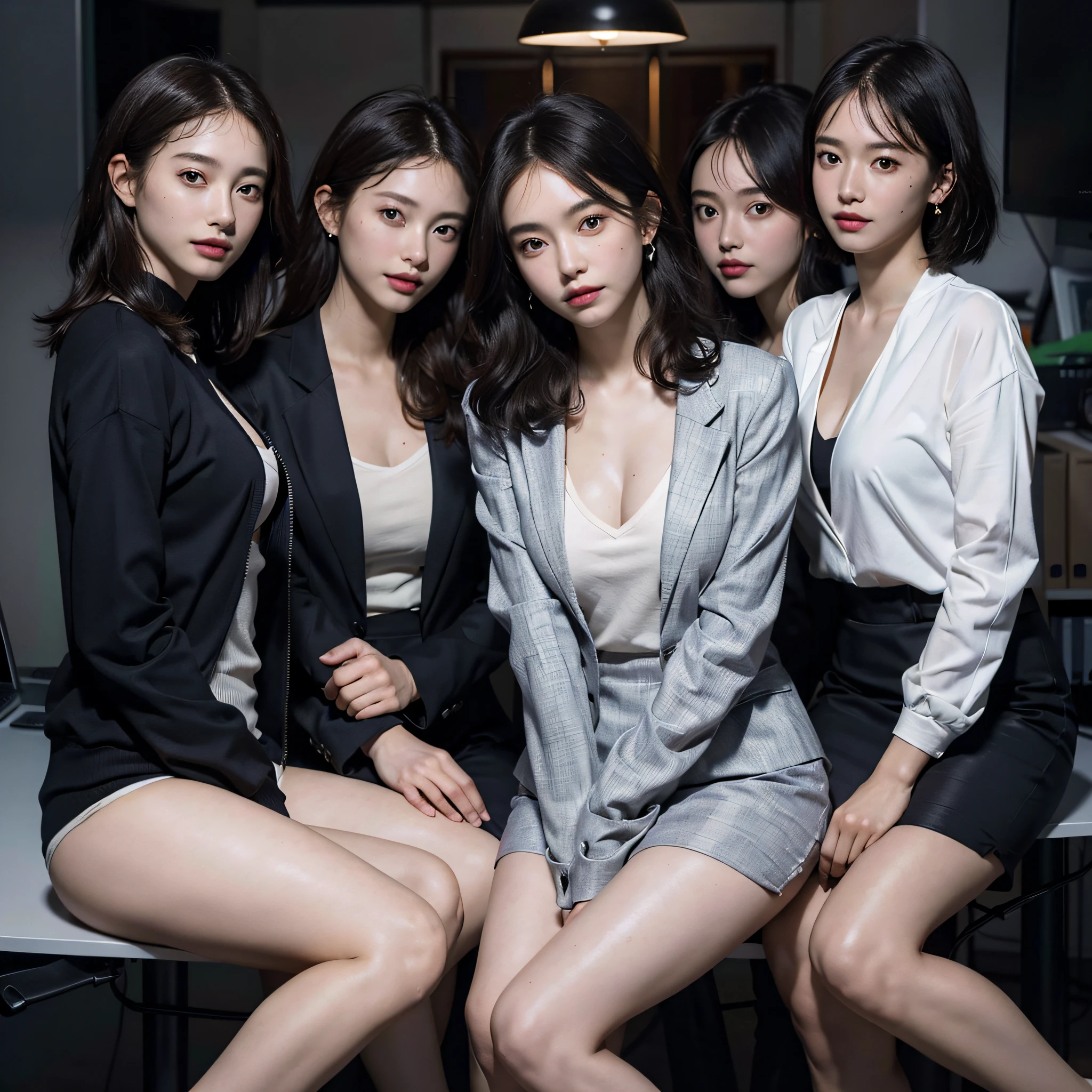 absurdres, RAW photo, extremely delicate and beautiful, masterpiece, Best Quality, ultra high resolution, 16k, hyperrealistic, ultra-detailed, Very detailed CG 8k wallpaper, Beautiful Lighting, Perfect Lightning, Realistic Shadows, perfect anatomy, super Detailed skin, perfect figure, Japanese woman, late 20s, very Slim body, narrow waist, very small head, handsome detailed woman, very detailed eyes and face, realistic face proportions, Stunning detailed eyes, Realistic beautiful face, very small face, Realistic small beautiful eyes, double eyelids, makeup, tearful mole, mole on chest, earring, bare legs, beautiful and very thin legs, beautiful and very thin thighs, (very huge round breasts:1.3), short hair, wavy hair, sweat, full body shot, (3 girls:1.5), (office lady suit:1.3), (skirt suit), (suit jacket), (blouse),