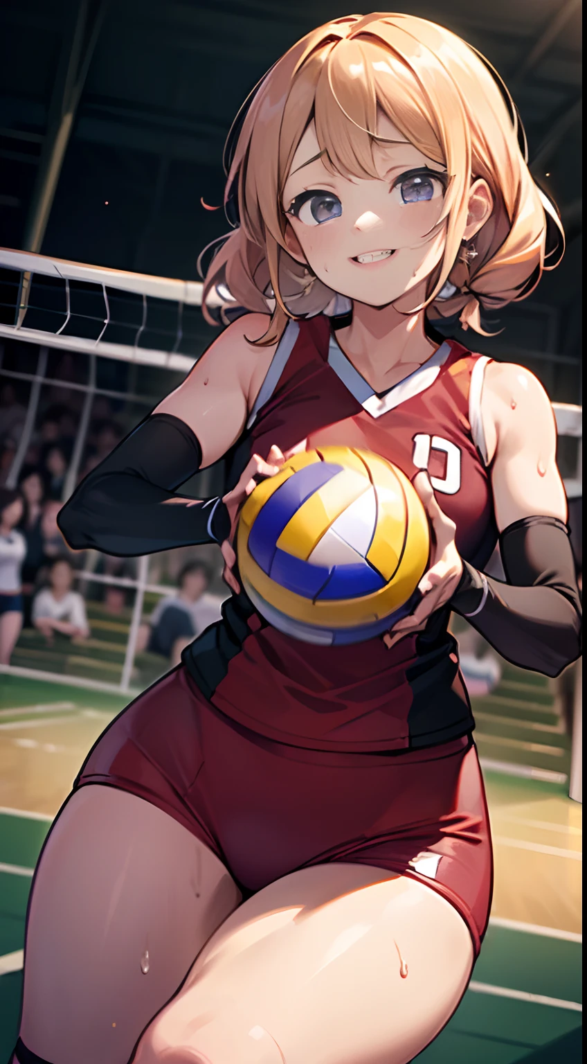 UHD, anatomically correct, 8k, (((masterpiece))), (((best quality))), (((ultra detailed))), (((high-resolution))), ((super fine illustration)), ((Ultimate cutie)), detailed beautiful face, solo, ((gyaru)), potbelly, ((curvy)), shiny hair, happy, smile, (blush),
BREAK, (((buruma))), ((sleeveless volleyball uniform)), ((elbow pad)), ((kneepad)), buruma, buruma,
BREAK, (((hold the Dirty spherical shape 6-inch volleyball in both hand))), ((sweat)), (perspired), (heavy breathing), sense of depth, in gymnasium, lighting, looking at viewers, (dynamic angle), moving