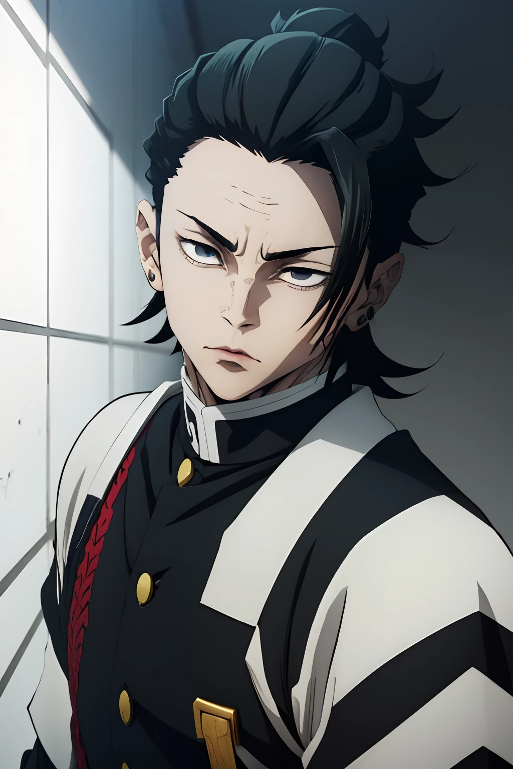 white young man, black hair, suguru geto hairstyle, sword, demon slayer uniform, lindo, defined, awesome, young, pretty, beautiful