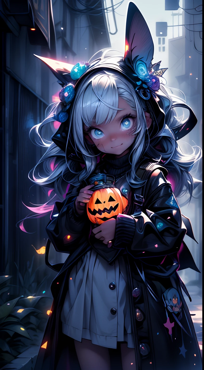 (best quality,4k,8k,highres,masterpiece:1.2),ultra-detailed,(realistic,photorealistic,photo-realistic:1.37),illustration,paintings,creepy eerie atmosphere,beautiful cute girl,girl in a Halloween costume,expressive eyes,expressive lips,girl with long hair,playful and mischievous smile,whimsical pumpkin lanterns,shadowy moonlit sky,enchanted garden,sparkling fairy lights,fun and vibrant colors,festive decorations,wonder-filled night,exciting and joyful celebration,spooky charm,children dressed in costumes,creative trick-or-treating,cheerful laughter,glowing jack-o'-lanterns,enchanted forest,whispers of magic and mystery,delightful surprises,hauntingly beautiful,atmospheric and dreamlike,halo of moonlight,enchanted moonlit pathway,ghostly apparitions,cute and adorable monsters,playful witches and wizards,glowing eyes in the dark,surreal and fantastical,night filled with enchantment and wonder,happy and energetic atmosphere,joyful and lively celebration,halloween magic,childhood excitement and innocence,fun and whimsy.