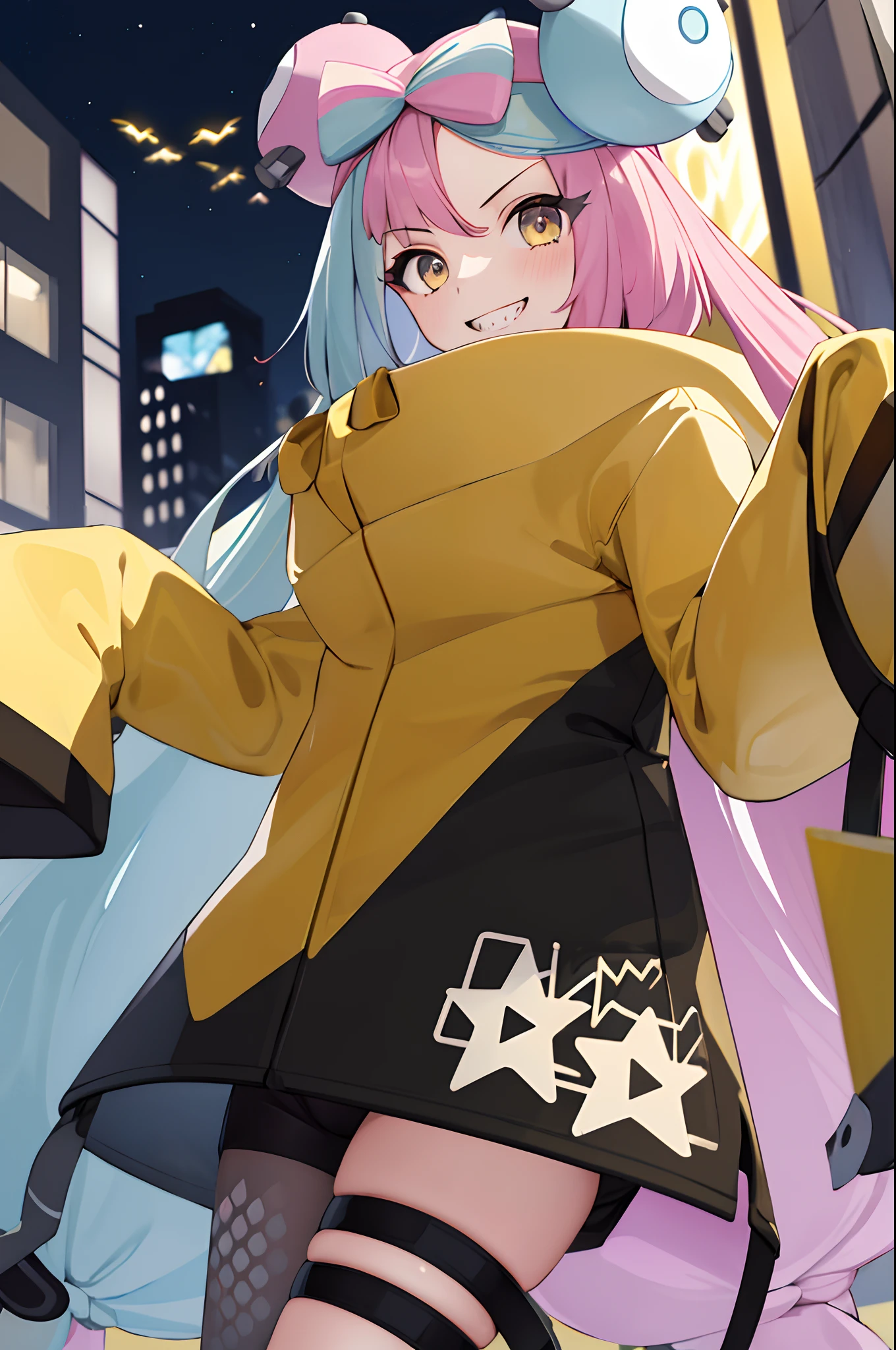 masterpiece, best quality, highres, iono1, 1girl, long hair, yellow jacket, street, long sleeves, cowboy shot, smile