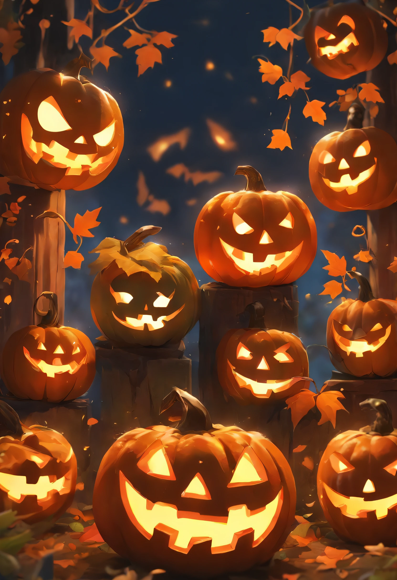 jack-o-lanterns、Parrot and Jack Lantern in the spooky Halloween garden, Surrounded by bright autumn leaves. The garden is filled with eerie lights, Cast a shadow on the carved face of the pumpkin, Create an eerie and charming atmosphere. The jack lantern has a classic smiley face.、Illuminated by flickering candles. A colorful parrot perches on a jack's lantern, Add interesting elements to your scene. Images should be of the highest quality, Ultra-detailed, and realistic. vibrant with colors、It is necessary to evoke the spirit of Halloween.