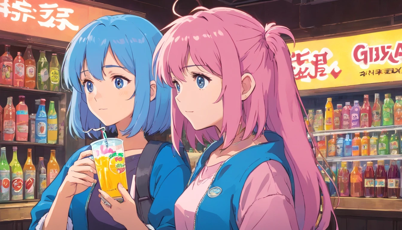 garota de cabelo rosa e azul, bebendo refrigerante, inspirado em anime dos anos 90, cidade cyberpunk, lofi, colorido, drinking soda, pink hair, blue hair