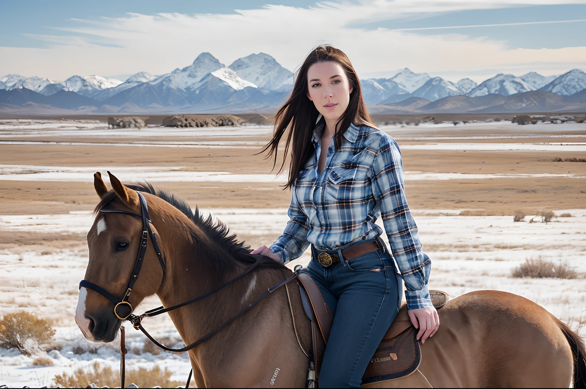 Frame by Angela White (25 years old) | wearing feminine cowboy clothes (jeans outfit, plaid shirt) ((loose and silky hair, piercing blue eyes, skin texture, enigmatic countenance, slim body, divine proportion)) | Riding a Mustang Horse | Alabama Hills location ((mountain with snow in the background)) | natural light, god rays, cinematic quality, cinematic frame, cinematic filters ((Arri Alexa 35 8k))