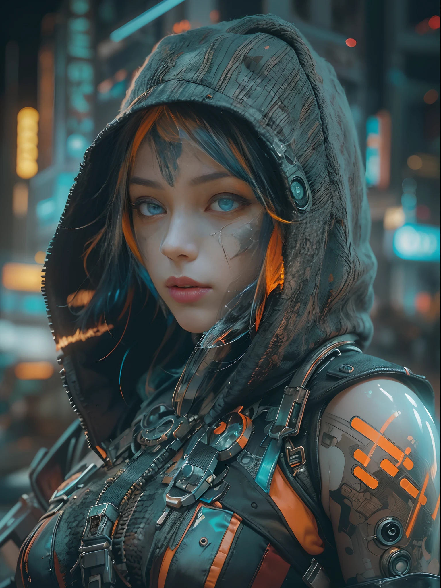 Unbeatable masterpiece, Ultra photo realsisim, Perfect Artwork, Intricate details, Best Quality, strong lights,High contrast,((Post apocalyptic futuristic Cyberpunk , outline):1.35) , ((masterpiece)),((Extremely detailed)) , ((extremely detailed and beautiful face)) , Smoky makeup, Perfectcomposition , intricate detailes , neon light , neon trim, (full body Esbian:1.25) , (Official art) , Very delicately beautiful cyberpunk girl, long orange colored hair blowing in the wind, vibrant blue eyes, long detailed eyelashes, huge enormously gigantic tits, cleavage showing, wearing highly detailed futuristic hooded battle armor, tons of tattoos and piercings(1girl:1.3) , Solo , (glass screen:1.2) , (Clear glass) , Tindall Effect , Colorful refraction , visual impact , (High light contrast) , Colorful , Melt , (Cyberpunk:1.2) ,(flinch :1.4) ,