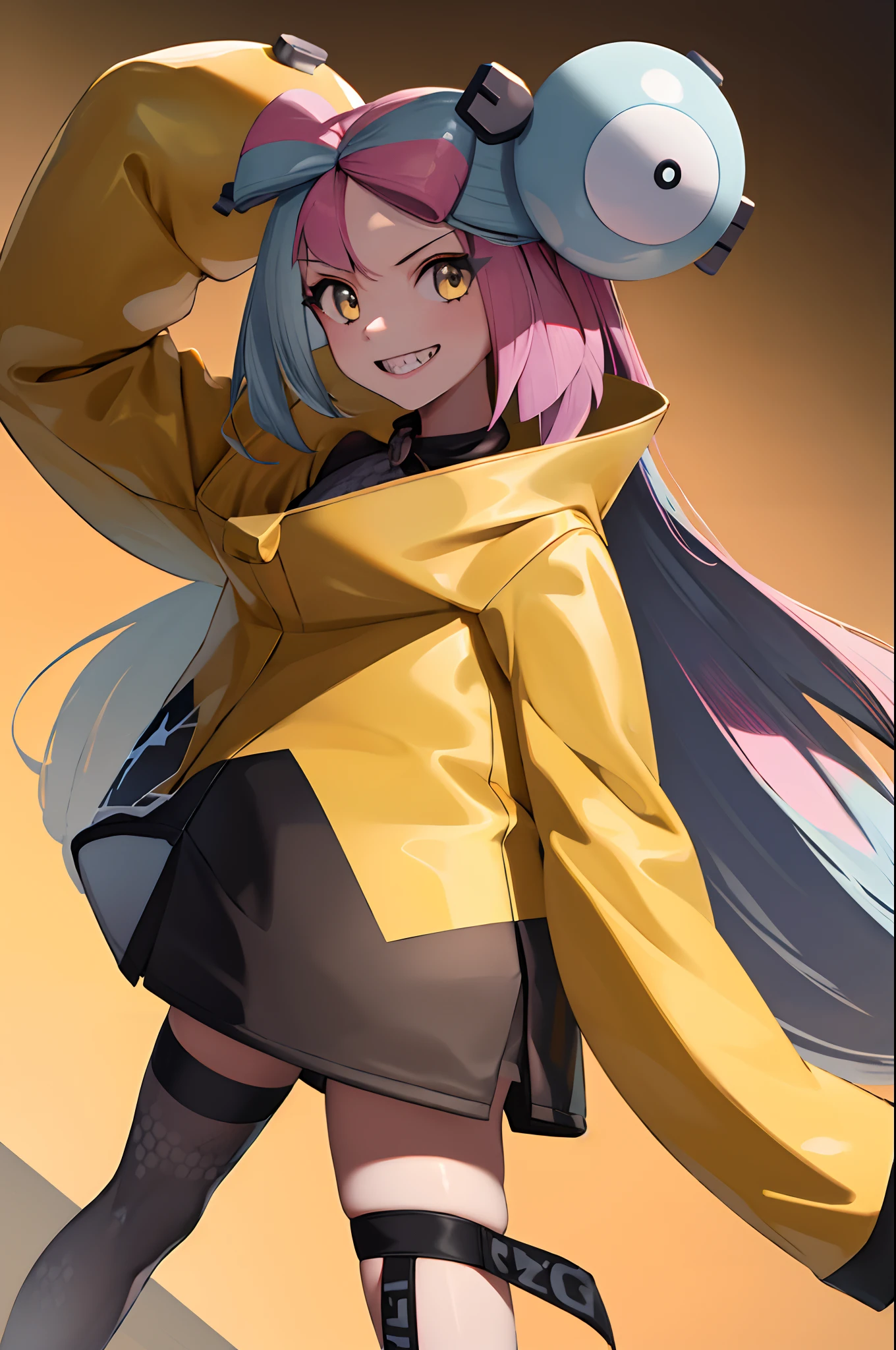 masterpiece, best quality, highres, iono1, 1girl, long hair,  yellow jacket, street, long sleeves, cowboy shot, smile