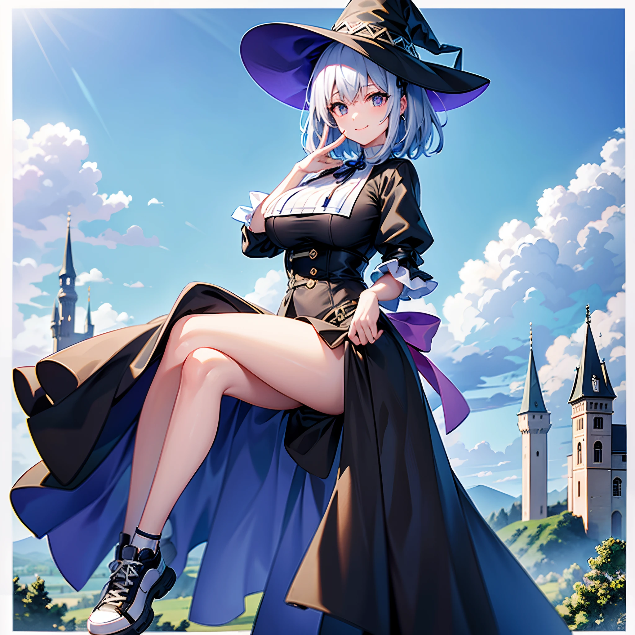A mystical otherworldly half-timber town、Standing Girl、Black coat、white t-shirt、a black skirt、beautiful thigh、Beautiful calves、White short hair with blue-purple mesh、Looking at me with a smile、Black sneakers with white shoelaces、Large witch hat with sapphire accessories、Dark brown eyes with highlights、On a hilltop with a panoramic view of the town、A large castle in historic Germany、hiquality、high-level image quality、