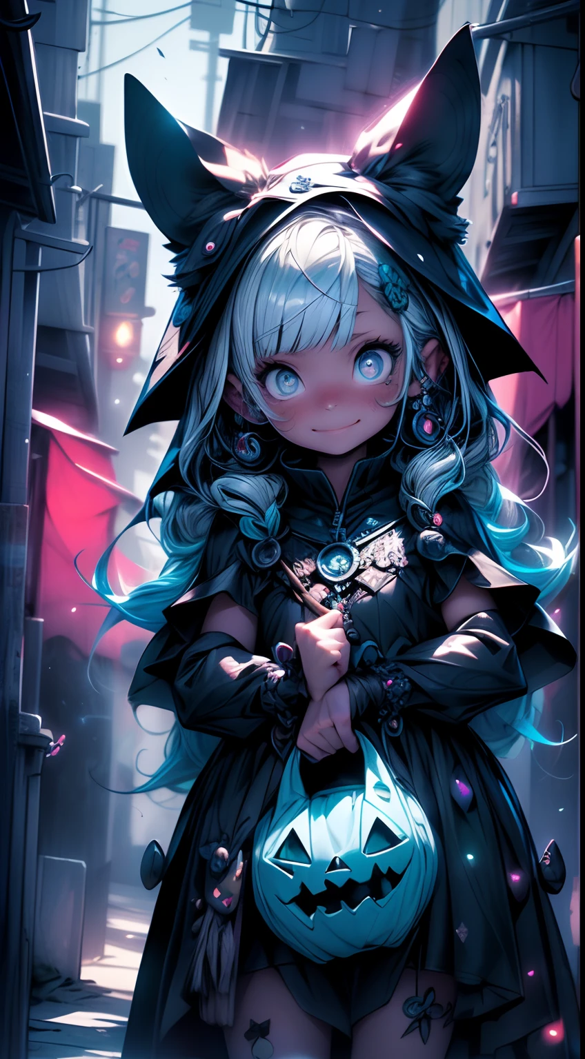 (best quality,4k,8k,highres,masterpiece:1.2),ultra-detailed,(realistic,photorealistic,photo-realistic:1.37),illustration,paintings,creepy eerie atmosphere,beautiful cute girl,girl in a Halloween costume,expressive eyes,expressive lips,girl with long hair,playful and mischievous smile,whimsical pumpkin lanterns,shadowy moonlit sky,enchanted garden,sparkling fairy lights,fun and vibrant colors,festive decorations,wonder-filled night,exciting and joyful celebration,spooky charm,children dressed in costumes,creative trick-or-treating,cheerful laughter,glowing jack-o'-lanterns,enchanted forest,whispers of magic and mystery,delightful surprises,hauntingly beautiful,atmospheric and dreamlike,halo of moonlight,enchanted moonlit pathway,ghostly apparitions,cute and adorable monsters,playful witches and wizards,glowing eyes in the dark,surreal and fantastical,night filled with enchantment and wonder,happy and energetic atmosphere,joyful and lively celebration,halloween magic,childhood excitement and innocence,fun and whimsy.
