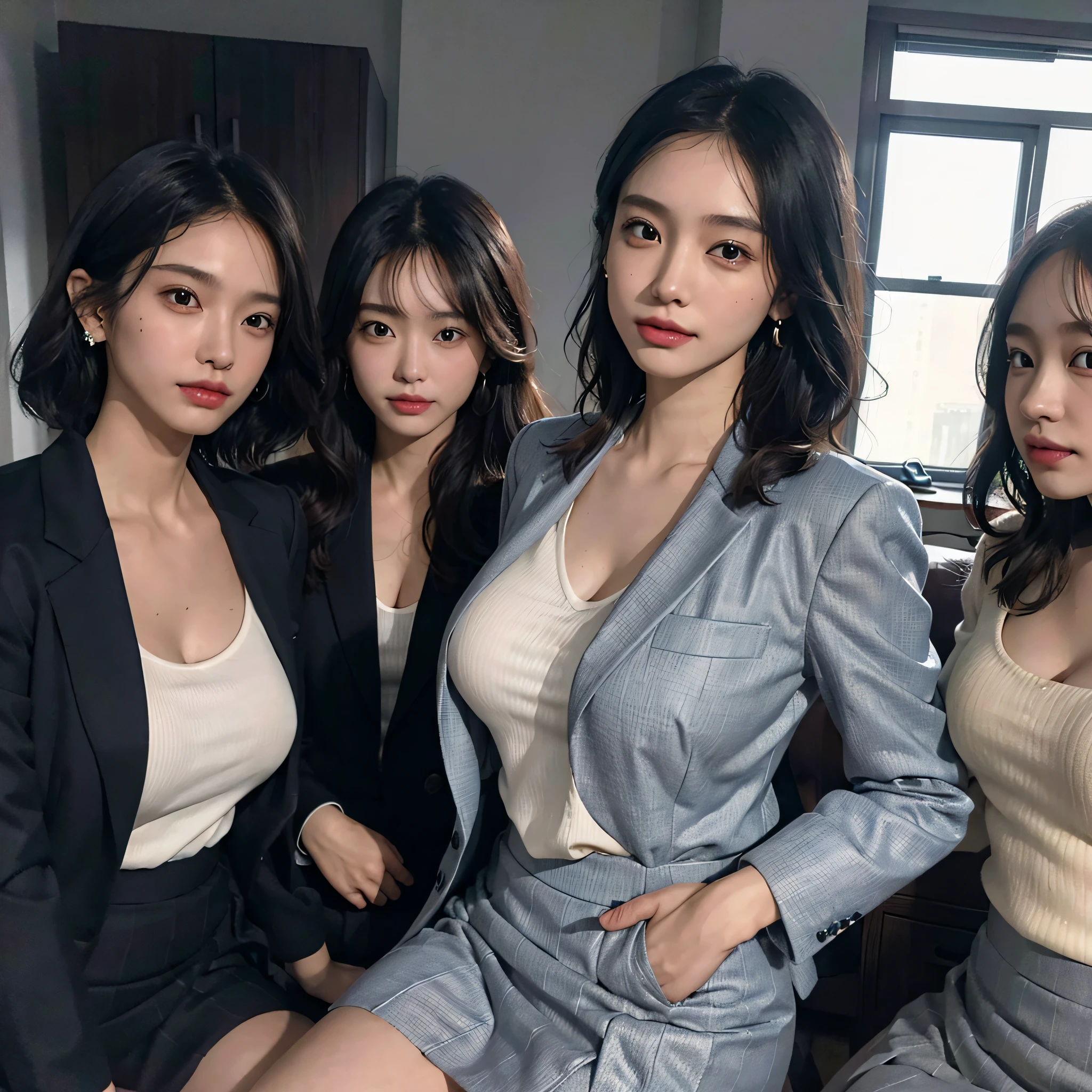 absurdres, RAW photo, extremely delicate and beautiful, masterpiece, Best Quality, ultra high resolution, 16k, hyperrealistic, ultra-detailed, Very detailed CG 8k wallpaper, Beautiful Lighting, Perfect Lightning, Realistic Shadows, perfect anatomy, super Detailed skin, perfect figure, Japanese woman, in her 20s, very Slim body, narrow waist, very small head, handsome detailed woman, very detailed eyes and face, realistic face proportions, Stunning detailed eyes, Realistic beautiful face, very small face, Realistic small beautiful eyes, double eyelids, makeup, tearful mole, mole on chest, earring, bare legs, beautiful and very thin legs, beautiful and very thin thighs, (((very huge round breasts))), short hair, wavy hair, sweat, (((((3 girls))))), (((office lady suit))), (skirt suit), (suit jacket),
