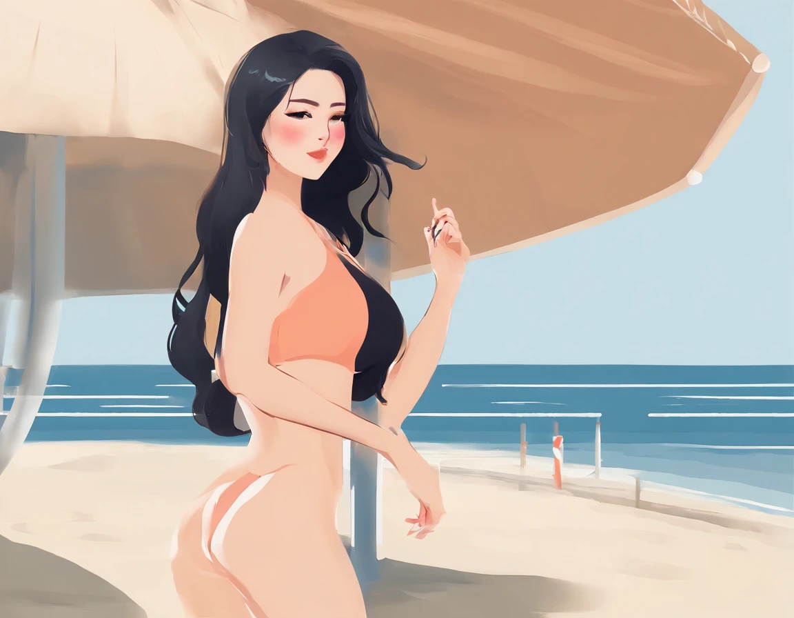 1 woman, A real person, topquality、Ultra - high resolution、very detailled、Professional lighting、black hair, Colossal tits、(slight smile)、cute skin、bathing suit, sun, Beach, full face.