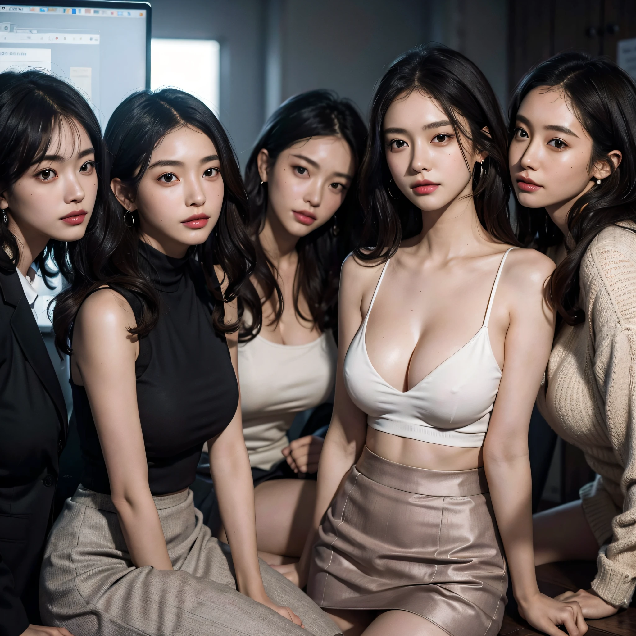 absurdres, RAW photo, extremely delicate and beautiful, masterpiece, Best Quality, ultra high resolution, 16k, hyperrealistic, ultra-detailed, Very detailed CG 8k wallpaper, Beautiful Lighting, Perfect Lightning, Realistic Shadows, perfect anatomy, super Detailed skin, perfect figure, Japanese woman, in her 20s, very Slim body, narrow waist, very small head, handsome detailed woman, very detailed eyes and face, realistic face proportions, Stunning detailed eyes, Realistic beautiful face, very small face, Realistic small beautiful eyes, double eyelids, makeup, tearful mole, mole on chest, earring, bare legs, beautiful and very thin legs, beautiful and very thin thighs, (((very huge round breasts))), short hair, wavy hair, sweat, (((((3 girls))))), (((office lady suit))), (skirt suit), (suit jacket),