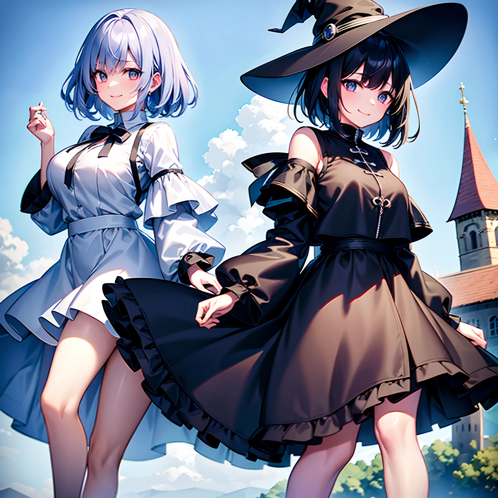 A mystical otherworldly half-timber town、Standing Girl、Black coat、white t-shirt、a black skirt、beautiful thigh、Beautiful calves、White short hair with blue-purple mesh、Looking at me with a smile、Black sneakers with white shoelaces、Large witch hat with sapphire accessories、Dark brown eyes with highlights、On a hilltop with a panoramic view of the town、A large castle in historic Germany、hiquality、high-level image quality、