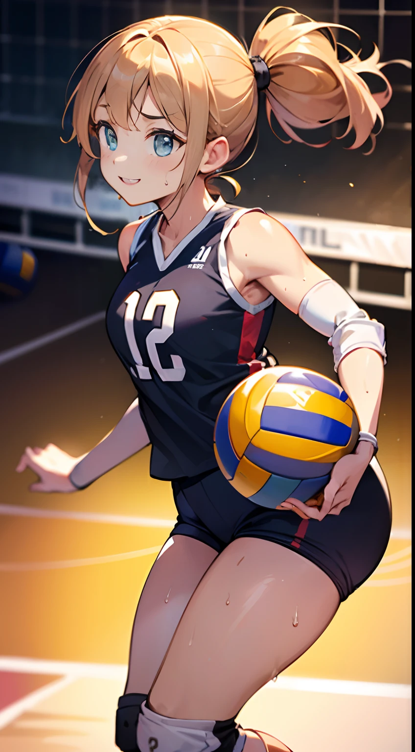 UHD, anatomically correct, 8k, (((masterpiece))), (((best quality))), (((ultra detailed))), (((high-resolution))), ((super fine illustration)), ((Ultimate cutie)), detailed beautiful face, solo, ((gyaru)), potbelly, ((curvy)), shiny hair, happy, smile, (blush),
 BREAK, (((buruma))), ((sleeveless volleyball uniform)), ((elbow pad)), ((kneepad)), buruma, buruma, 
 BREAK, (((throw the Dirty spherical shape 6-inch volleyball))),  ((sweat)), (perspired), (heavy breathing), sense of depth, in gymnasium, lighting, looking at viewers, (dynamic angle)