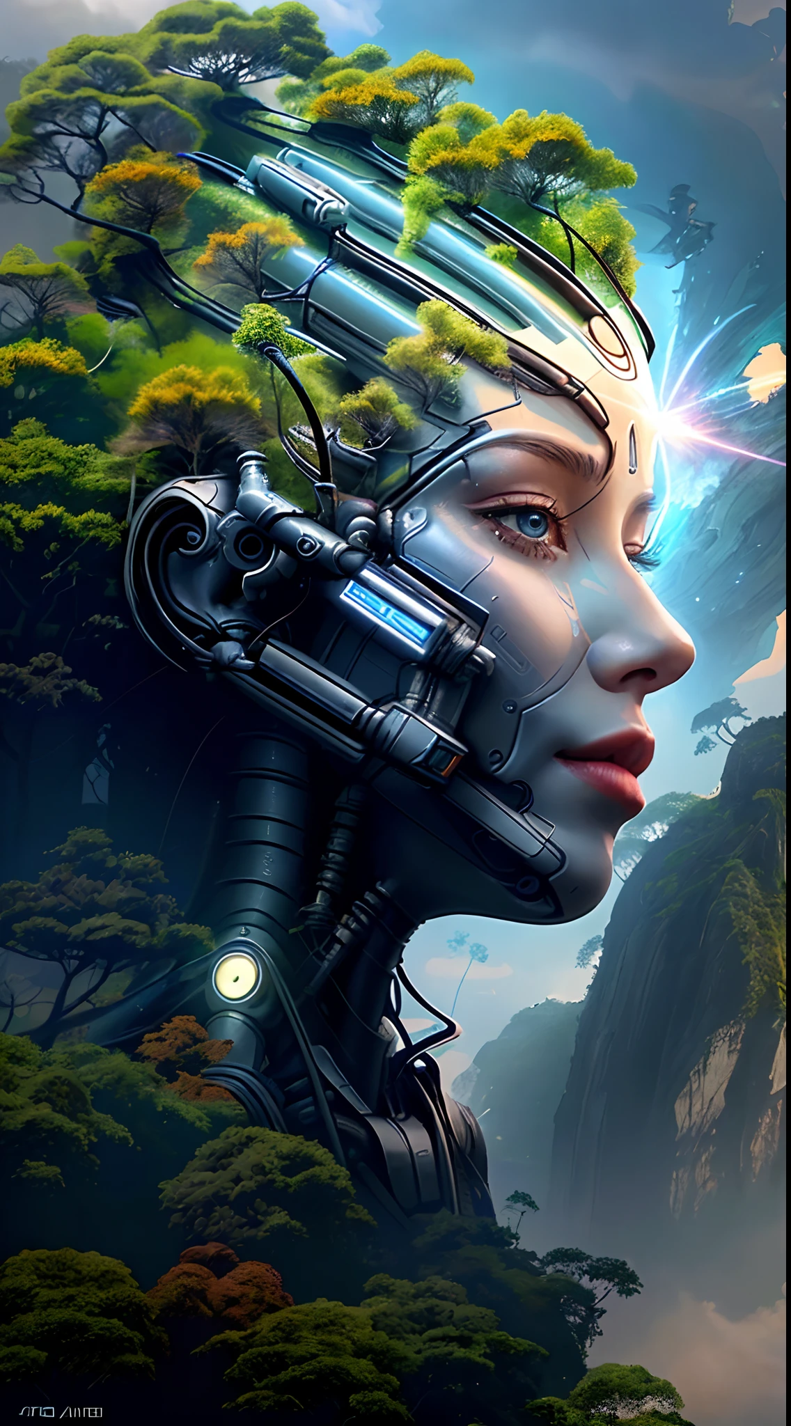 A closeup of a person's face with a tree on it, arte digital sci-fi, mechanical vegetal cyborg, Arte digital altamente detalhada em 4k, Gaia Biomechanics, cyberpunk na folhagem, bela arte digital, Bela Artes Sci Fi, Sci-Fi Digital Art Illustration, Artes Sci-Fi, Sci - Arte Fi, Arte de fantasia sci-fi