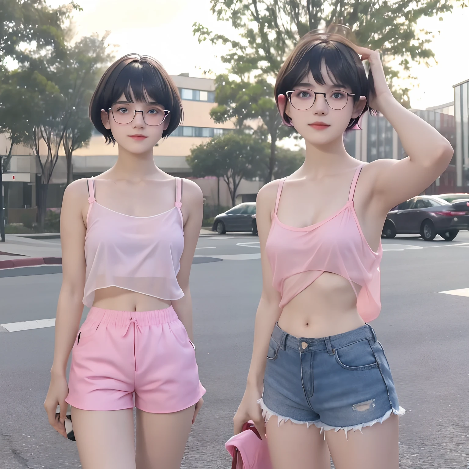 16 years old cute girl with black short bob hair and bangs, she is in eyeglasses, transparent white camisole, no bra, tiny breast, tits, erect nipples, erect tits, pink shorts, petite body, see-through, her skin bright, beautiful light blue eyes, sunset, inside train, she's doing selfie, 8k detailed high quality, nsfw, semi-realistic