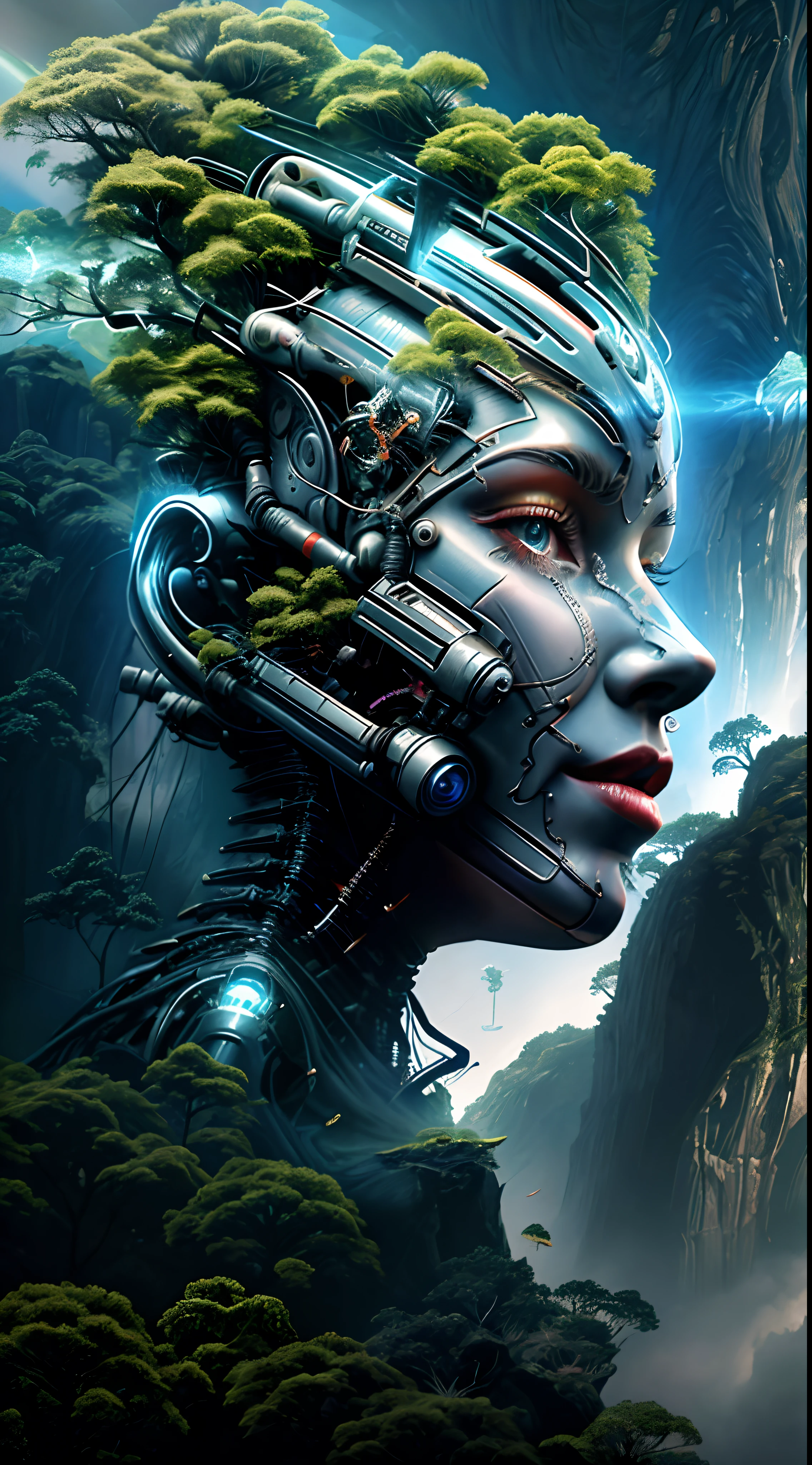 A closeup of a person's face with a tree on it, arte digital sci-fi, mechanical vegetal cyborg, Arte digital altamente detalhada em 4k, Gaia Biomechanics, cyberpunk na folhagem, bela arte digital, bela arte sci fi, Sci-Fi Digital Art Illustration, arte sci-fi, Sci - Arte Fi, arte de fantasia sci-fi