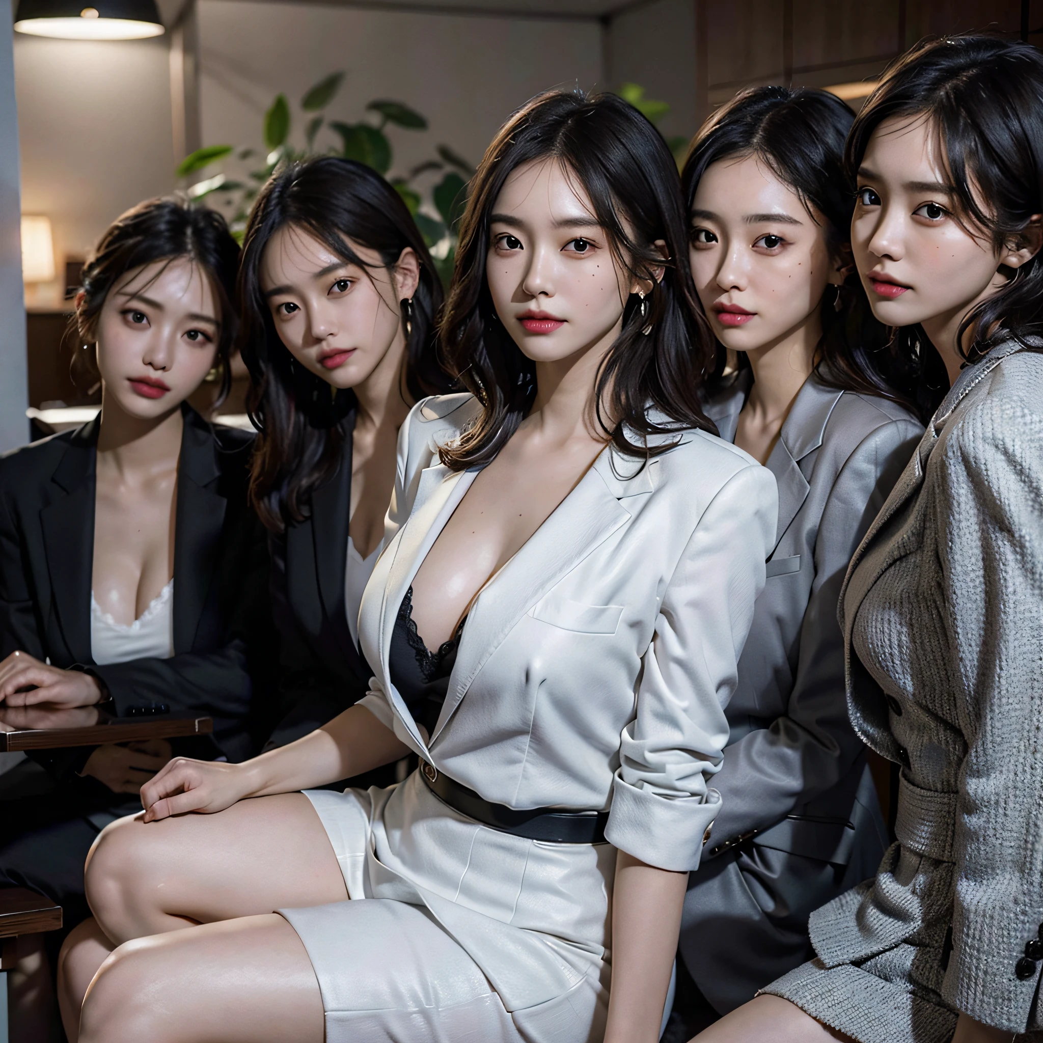 absurdres, RAW photo, extremely delicate and beautiful, masterpiece, Best Quality, ultra high resolution, 16k, hyperrealistic, ultra-detailed, Very detailed CG 8k wallpaper, Beautiful Lighting, Perfect Lightning, Realistic Shadows, perfect anatomy, super Detailed skin, perfect figure, Japanese woman, late 20s, very Slim body, narrow waist, very small head, handsome detailed woman, very detailed eyes and face, realistic face proportions, Stunning detailed eyes, Realistic beautiful face, very small face, Realistic small beautiful eyes, double eyelids, makeup, tearful mole, mole on chest, earring, bare legs, beautiful and very thin legs, beautiful and very thin thighs, gakki, (very huge round breasts:1.3), short hair, wavy hair, sweat, (3 girls:1.5), (office lady suit:1.3), (skirt suit), (suit jacket),