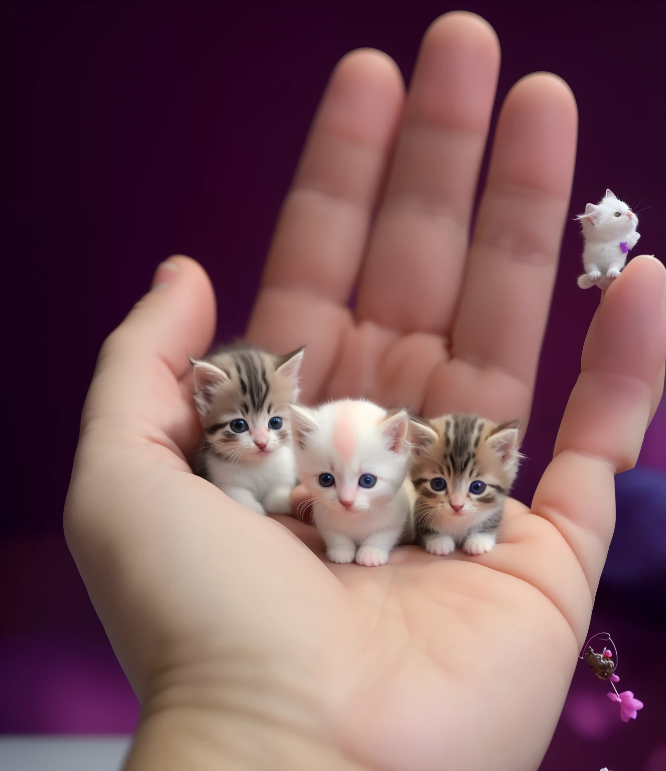 There are three small kittens sitting in a person's hand, gatito miniatura, encantador y lindo, Gatitos lindos, animal en miniatura, Gatos lindos, lindo y adorable, hermoso y lindo, Gatitos, mano, se sienta en un dedo, Lindo y encantador, Aspecto muy realista, ultra realista!!!, r / Paintedminis, lindo colorido adorable, adorable y lindo, Imagen ultra realista