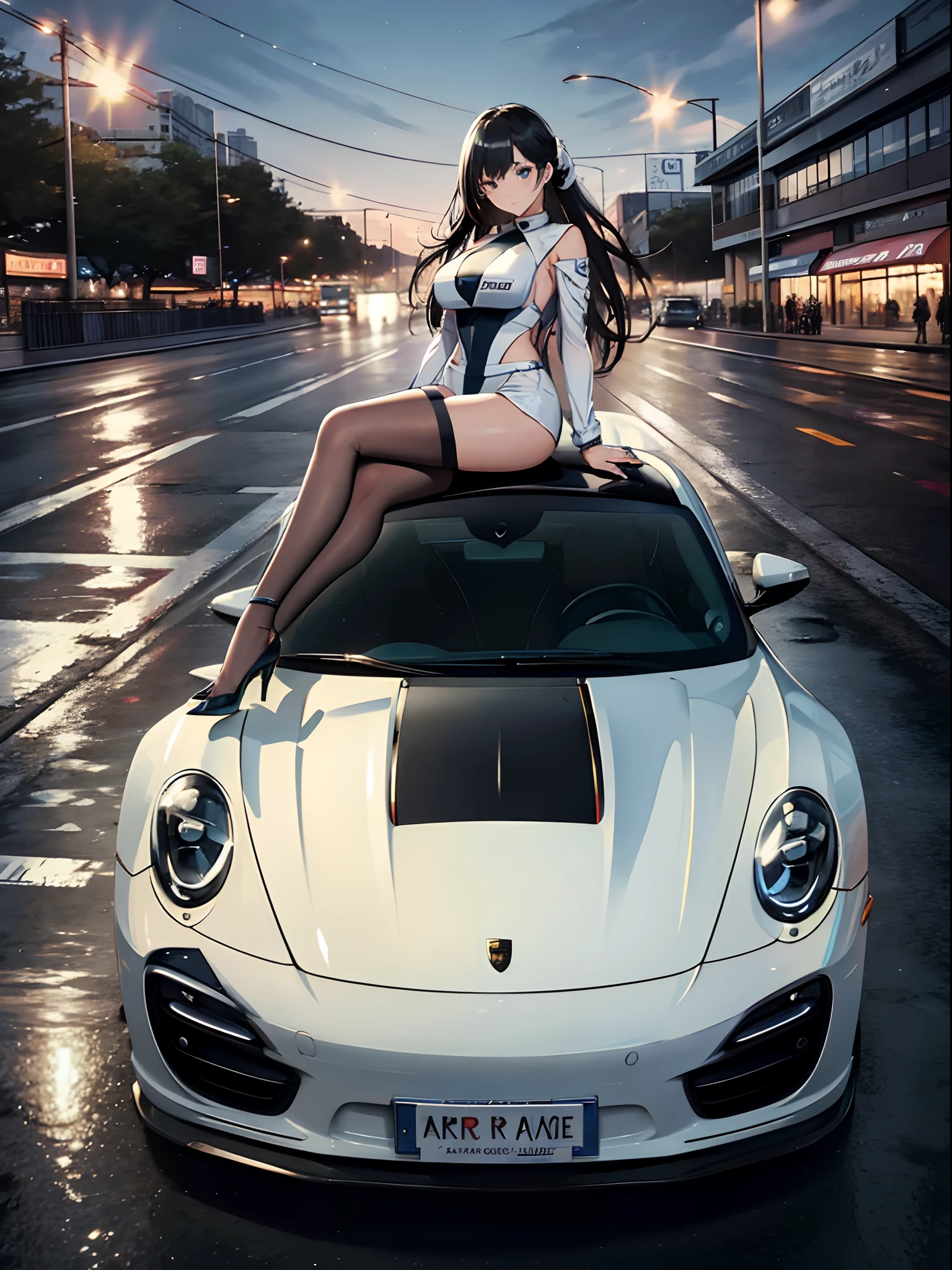 16K, HDR, ray tracing, RTX, ultra realistic, highres, wide angle shot, best quality, masterpiece, full body image, (perfect anatomy ), long black hair, happy chuckle, blue eyes, sexy body, looking at the camera, night time, anime style, trending on artstation, WLOP, sakimichan, award wining, great composition, perfect, great lighting, sitting on porsche 911 hood, 1car, car girl, racing girl