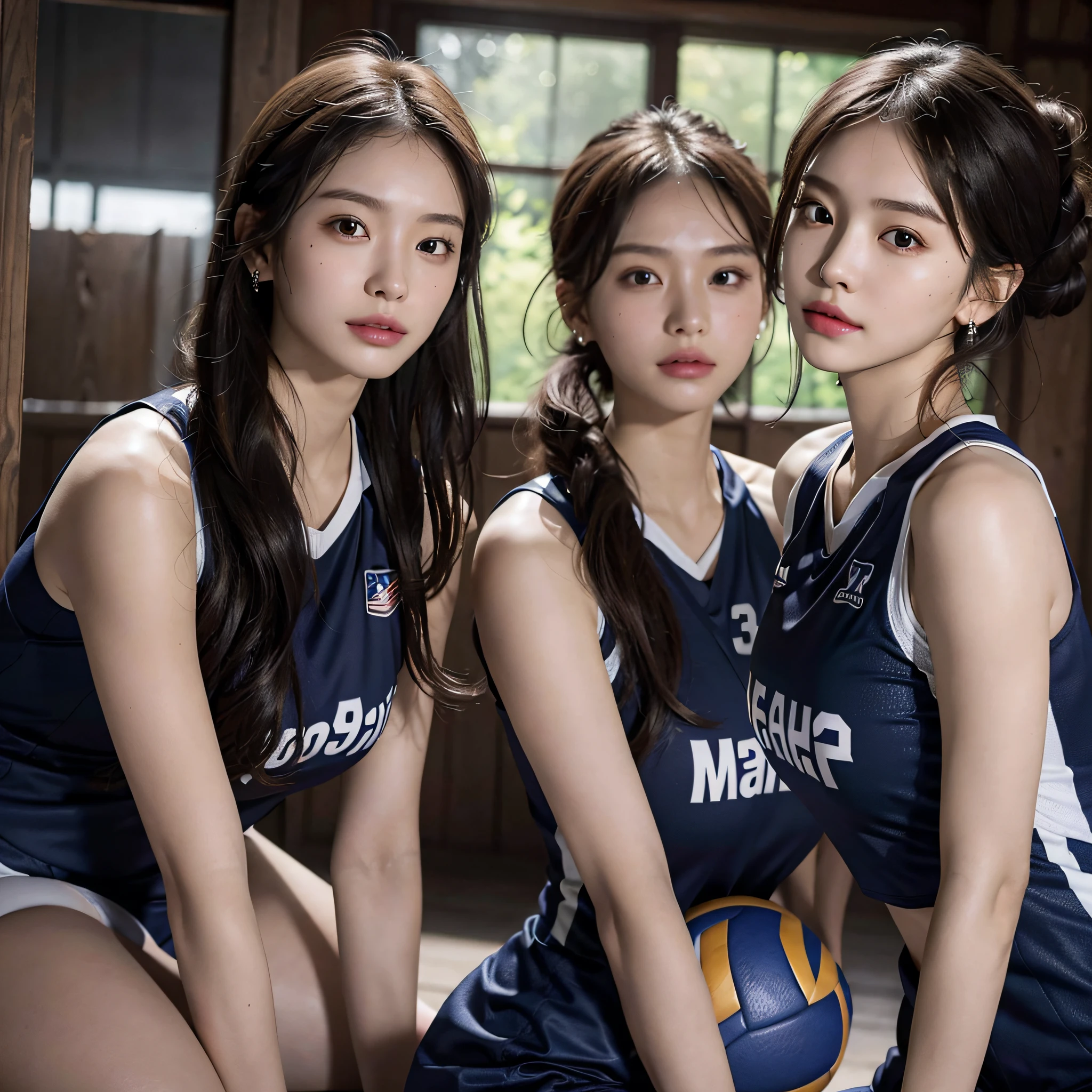 there is a woman standing in a bathroom with a blue shirt, wearing a volleyball jersey, wearing basketball jersey, taejune kim, seseon yoon, shin min jeong, jinyoung shin, heonhwa choe, kim hyun joo, jaeyeon nam, kimi takemura, ulzzang, ji-min, jiyun chae, eiko ishioka