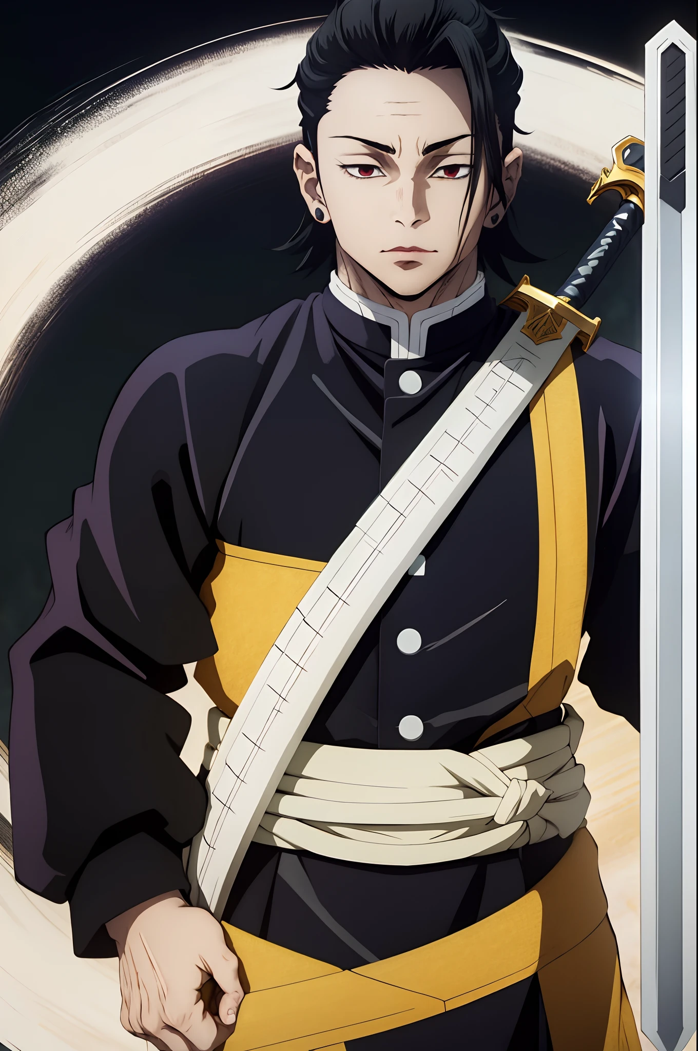 white young man, black hair, suguru geto hairstyle, sword, demon slayer uniform, lindo, defined, awesome, young, pretty, beautiful