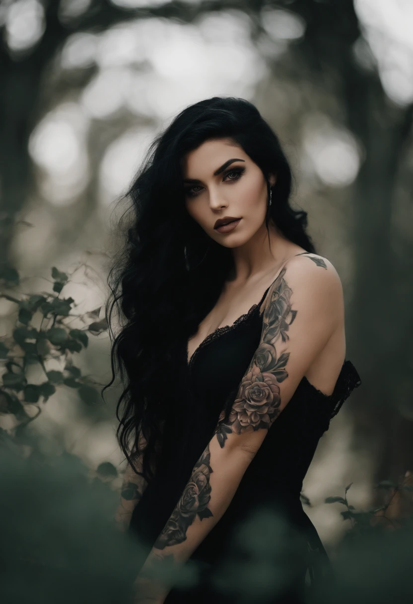 a European girl, long wavy black hair, brown eyes, beautiful tattoos, goth girl aesthetic, dark, slender curvy body, naked