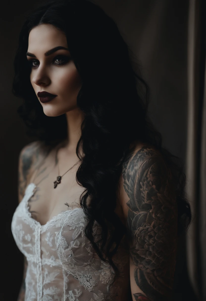 a European girl, long wavy black hair, brown eyes, beautiful tattoos, goth girl aesthetic, dark, slender curvy body, naked