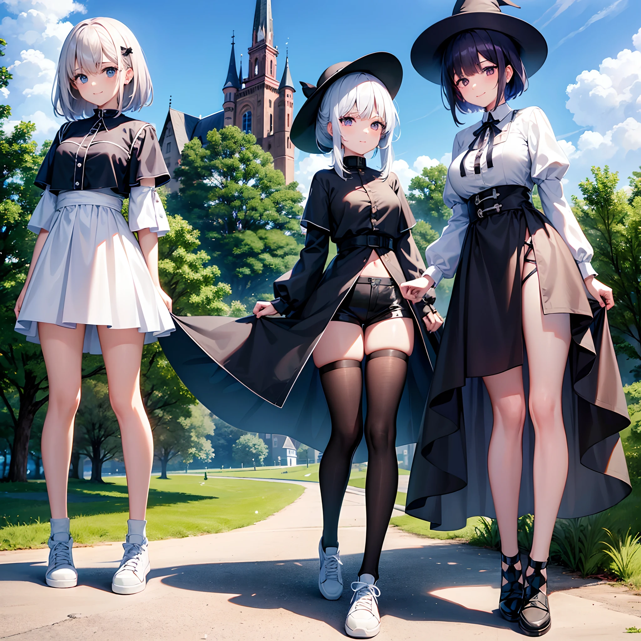 A mystical otherworldly half-timber town、Standing Girl、Black coat、white t-shirt、a black skirt、beautiful thigh、Beautiful calves、White short hair with blue-purple mesh、Looking at me with a smile、Black sneakers with white shoelaces、Large witch hat with sapphire accessories、Dark brown eyes with highlights、On a hilltop with a panoramic view of the town、A large castle in historic Germany、hiquality、high-level image quality、