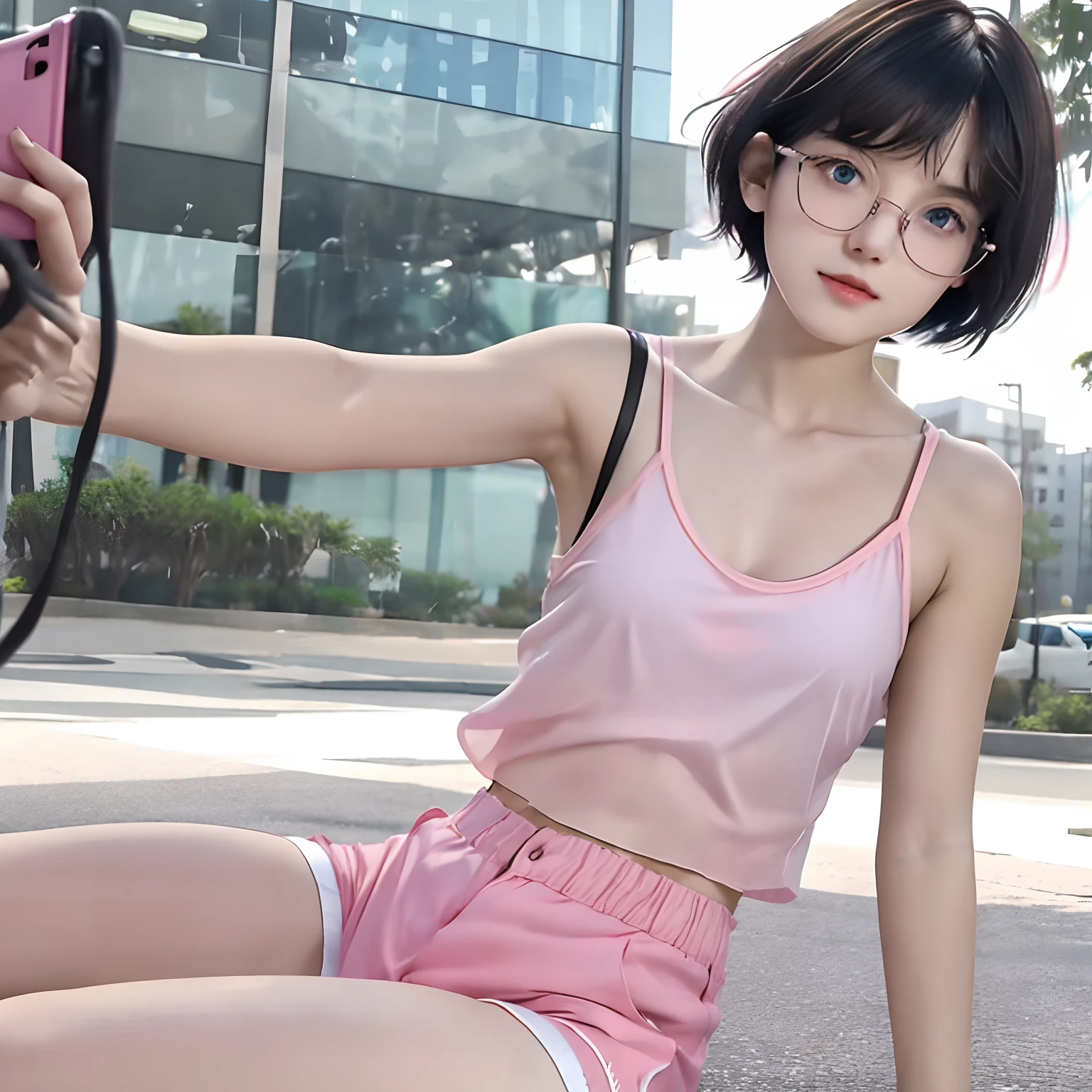 cute girl with black short bob hair and bangs, she is in eyeglasses, pink-strapped transparent white camisole, no bra, pink shorts, petite body, seen through, her skin bright, beautiful blue eyes, outdoor, she's doing selfie, 8k detailed high quality, nsfw, semi-realistic