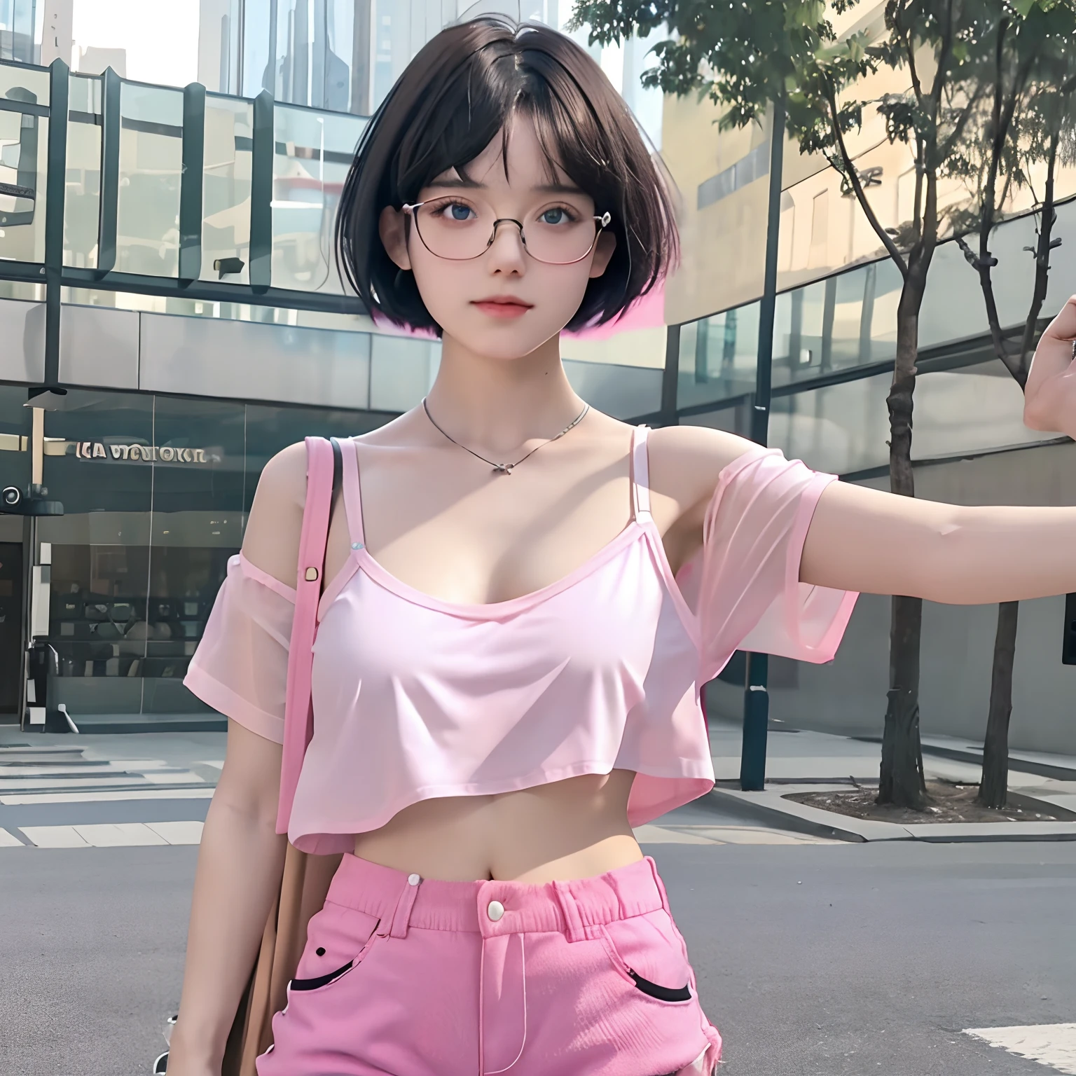 16 years old cute girl with black short bob hair and bangs, she is in eyeglasses, pink-strapped transparent white camisole, no bra, pink shorts, petite body, seen through, her skin bright, beautiful blue eyes, outdoor, she's doing selfie, 8k detailed high quality, nsfw, semi-realistic