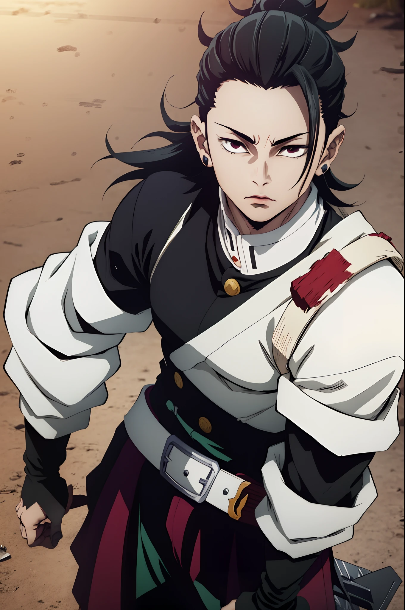 white young man, black hair, suguru geto hairstyle, sword, demon slayer uniform, lindo, defined, awesome, young, pretty, beautiful