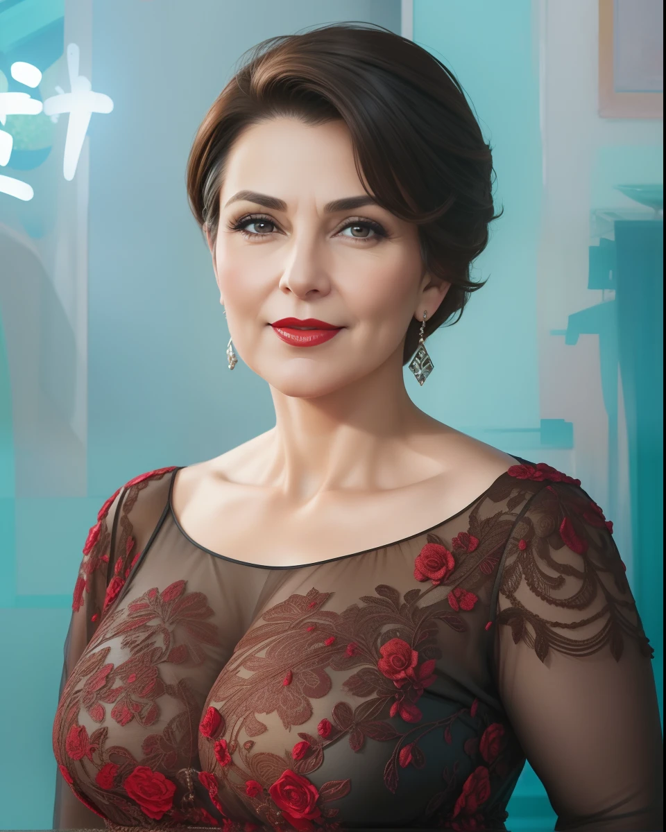 2 heads,Portrait of a 60-year-old woman with short brown hair, a captivating gaze, Brown eyes, Wrinkles on her face, She wears a very sexy black evening dress that reveals big flabby breasts, Light makeup and red lips. 32K