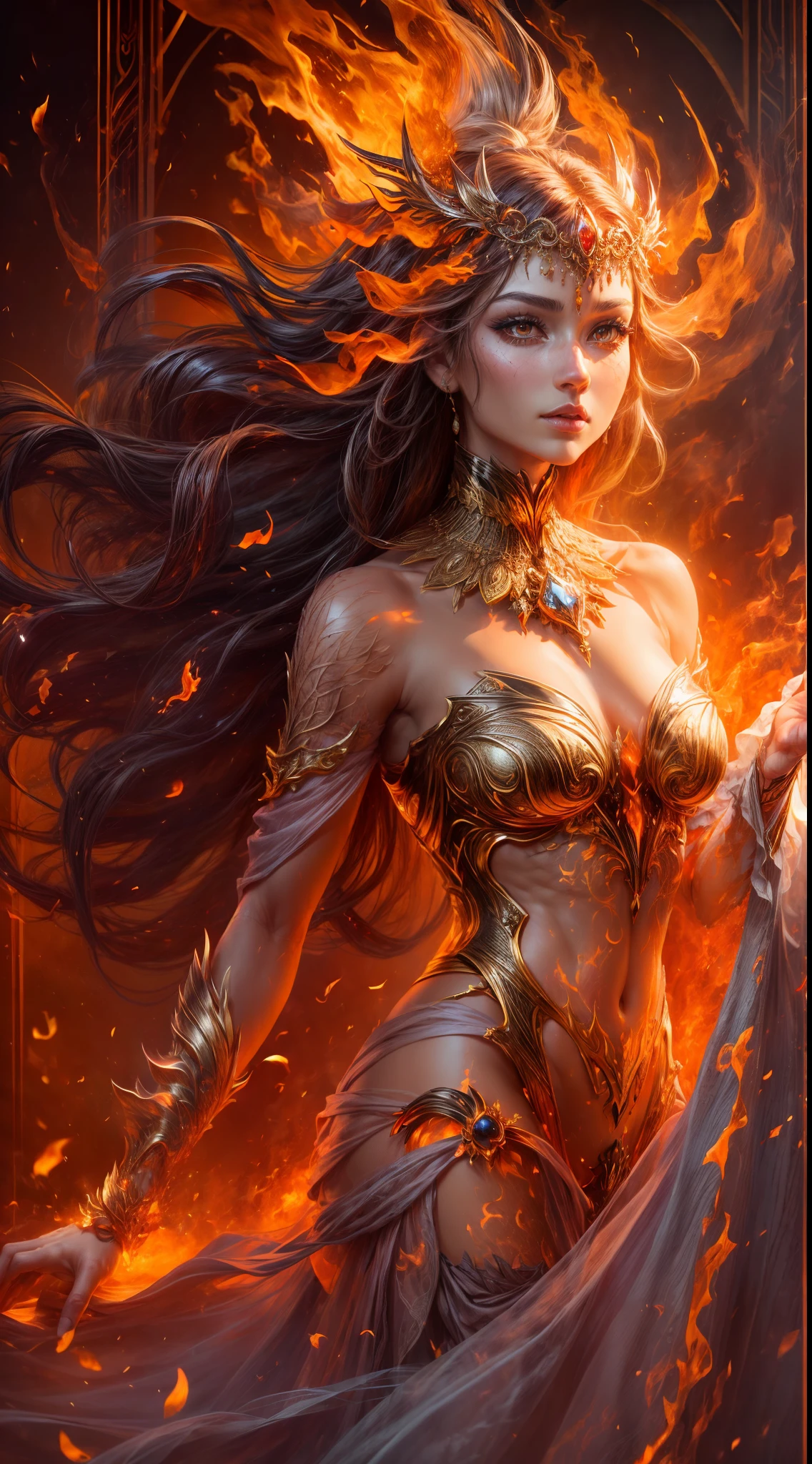 This is a realistic fantasy artwork prominently featuring realistic fire, including wisps of flames, glowing hot embers, subtle curls of smoke, and a beautiful fire druid. Full body portrait. The druid stands in the midst of a raging inferno with an interesting composition. Her face is expertly sculpted, with elegant and refined features and perfect shading and realistic skin texture. Her (orange and gold eyes) are stunning and are the focal point of this image. (Her eyes extremely detailed, beautiful detailed eyes, and macro). Her eyes feature intricate detailing with clearly defined irises and bright sclera. Her soft lips are smooth and very puffy, and her skin is adorned with a light flush and ornate fire detailing. Her long gown is stunning and expensive, and is made of pure flames and glittering, ornate jewels that glimmer in the fire light. Her billowing gown glitters from the flames and features a delicately and intricately embroidered bodice with wisps of flames running across it. Include fantasy elements like bumps, stones, fiery iridescence, glowing embers, silk, and an interesting background. Include fiery magical creatures such as fiery birds and fiery butterflies that give off a magical and mystical aura. Lighting: Utilize the latest trends in lighting to enhance the artwork's beauty. Camera: Utilize dynamic composition to create a sense of urgency and excitement. Take inspiration from the current masters of the fantasy genre, including trending artists on Artstation and Midjourney. ((masterpiece))