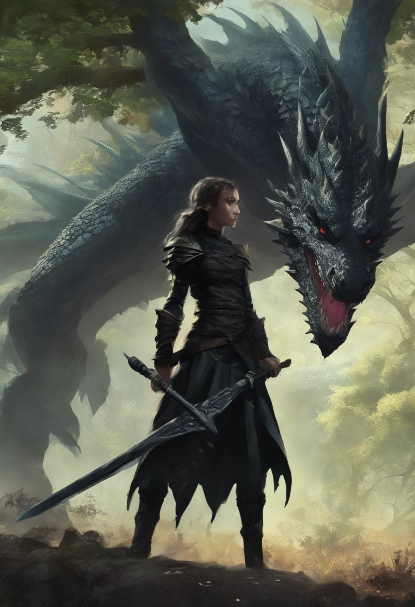 mythology, dragon slayer 13 year old girl with sword, dressed in black, hiding behind a tree, dragon in background