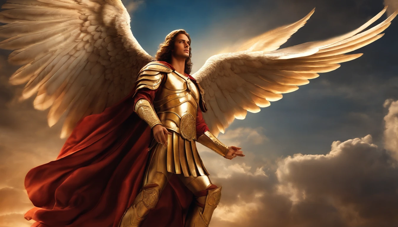 Tres personagem masculino, o arcanjo Miguel, Imagem celeste, detalhes intrincados, Realistic, BEGE e asas grandes, fundo celeste, Catholic illustrative image of the archangel Michael, Male character of the Bible, Michael is wearing his angelic armor, Maximum detail and your STRONG face and angelic wings, Pele realista perfeita, Maximum image quality, Miguel is highlighted in the image with strong and striking colors.