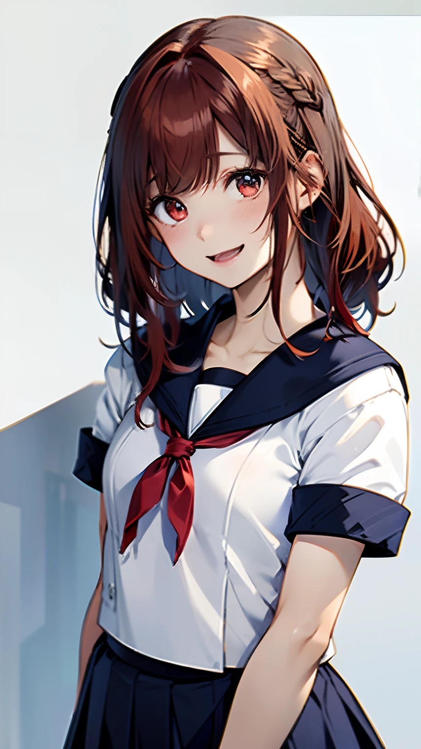(top-quality, 8K, 32K, masterpiece, nffsw:1.2), (Raw photography), (realisitic), (Photorealsitic:1.2), (hight resolution), ultra-detailliert, extremely beautiful face and eyes, 1girl in, (Lori), infp young woman, round small face, big breasts thin waist、(((tiny chest)))、(((White wall background)))、slim proportions, (student clothes, a sailor suit、White sailor suit, Dark blue pleated skirt:1.23), (bustshot)、(((Red hair)))、((Sailor suit with short sleeves))、((laughing out loud))、((The mouth is open and、Showing white teeth))、