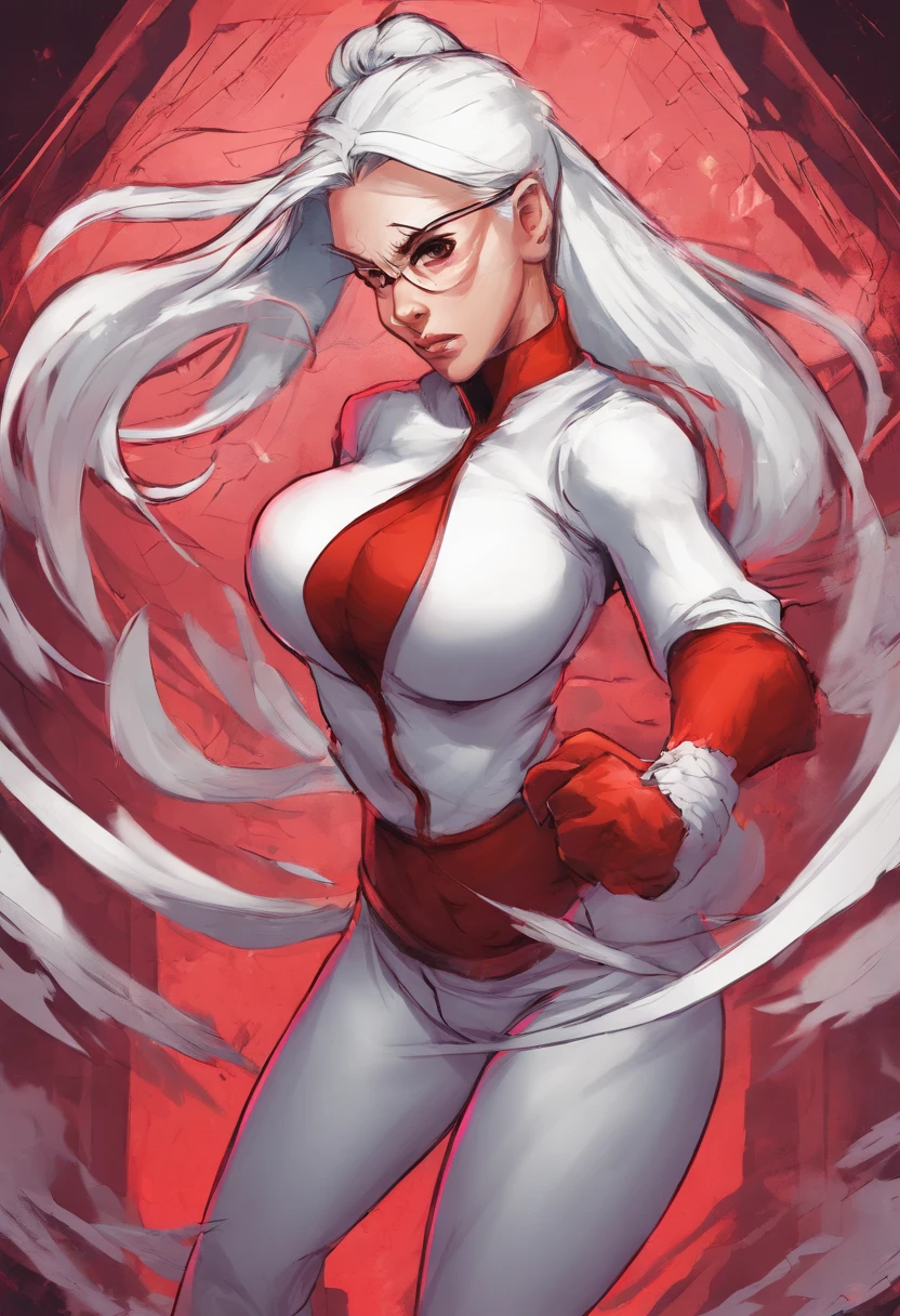 Female , big breast , white hair , pony tail , white and red tight suit , tattoos, whip , sexy , square glasses , thongs