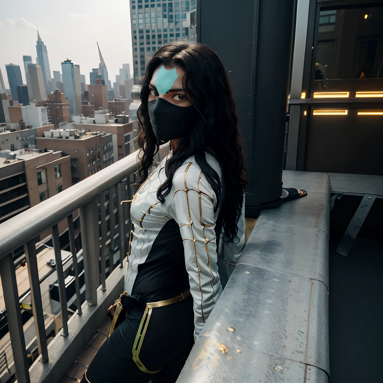 tall , curly black hair, deep brown skin, handsome green eyes, wearing black spider suit with golden lining and blue webs across it, perching on a rooftop corner, looking over New York cityscape, back turned to camera, wearing spider mask with white eye lenses, blue web lines across suit, artistic, not realistic