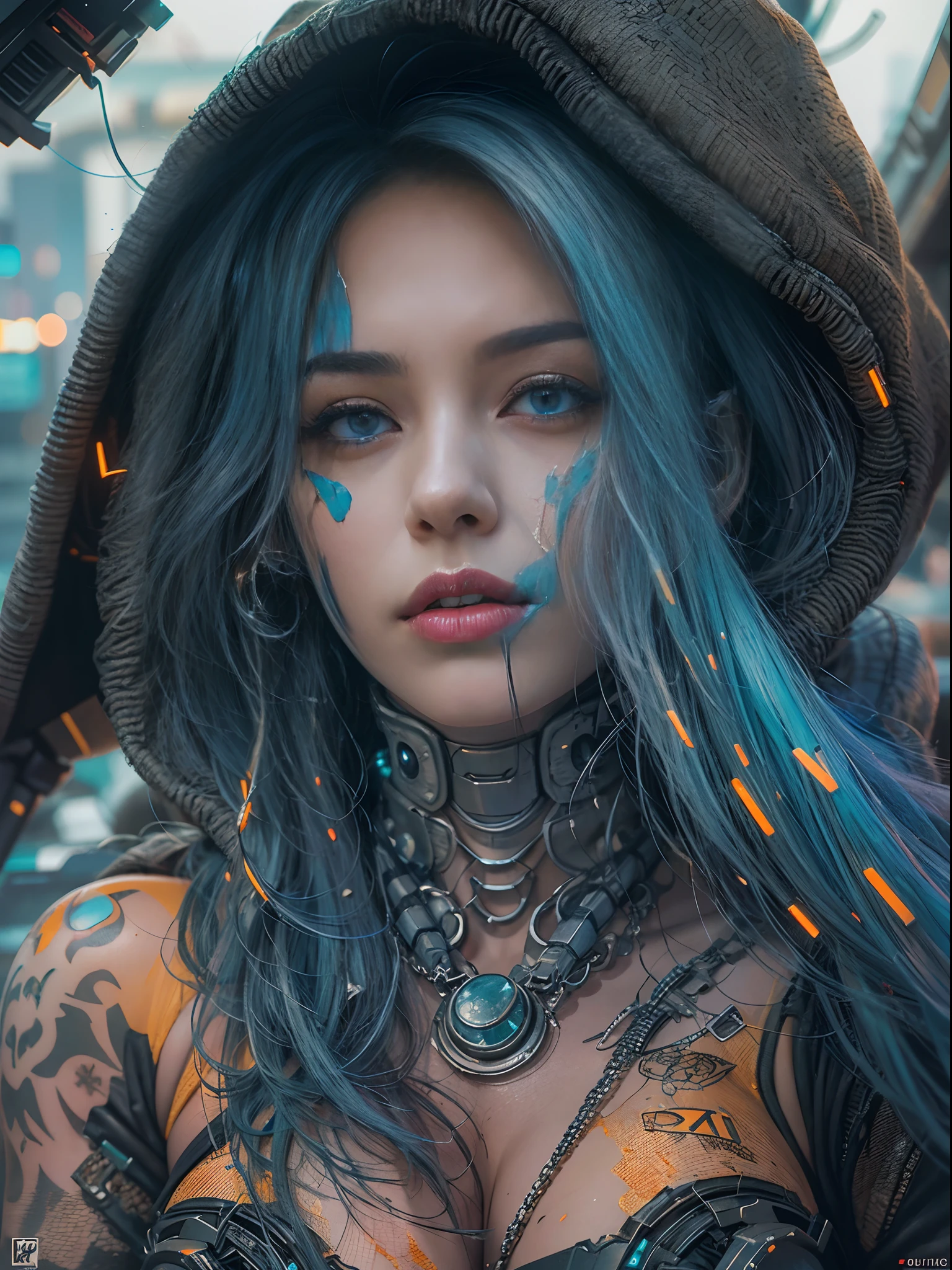Unbeatable masterpiece, Ultra photo realsisim, Perfect Artwork, Intricate details, Best Quality, strong lights,High contrast,((Post apocalyptic futuristic Cyberpunk , outline):1.35) , ((masterpiece)),((Extremely detailed)) , ((extremely detailed and beautiful face)) , Smoky makeup, Perfectcomposition , intricate detailes , neon light , neon trim, (full body Esbian:1.25) , (Official art) , Very delicately beautiful cyberpunk girl, long blue colored hair blowing in the wind, vibrant yellow eyes, long detailed eyelashes, huge enormously gigantic tits, cleavage showing, wearing highly detailed futuristic hooded battle armor, tons of tattoos and piercings(1girl:1.3) , Solo , (glass screen:1.2) , (Clear glass) , Tindall Effect , Colorful refraction , visual impact , (High light contrast) , Colorful , Melt , (Cyberpunk:1.2) ,(flinch :1.4) ,