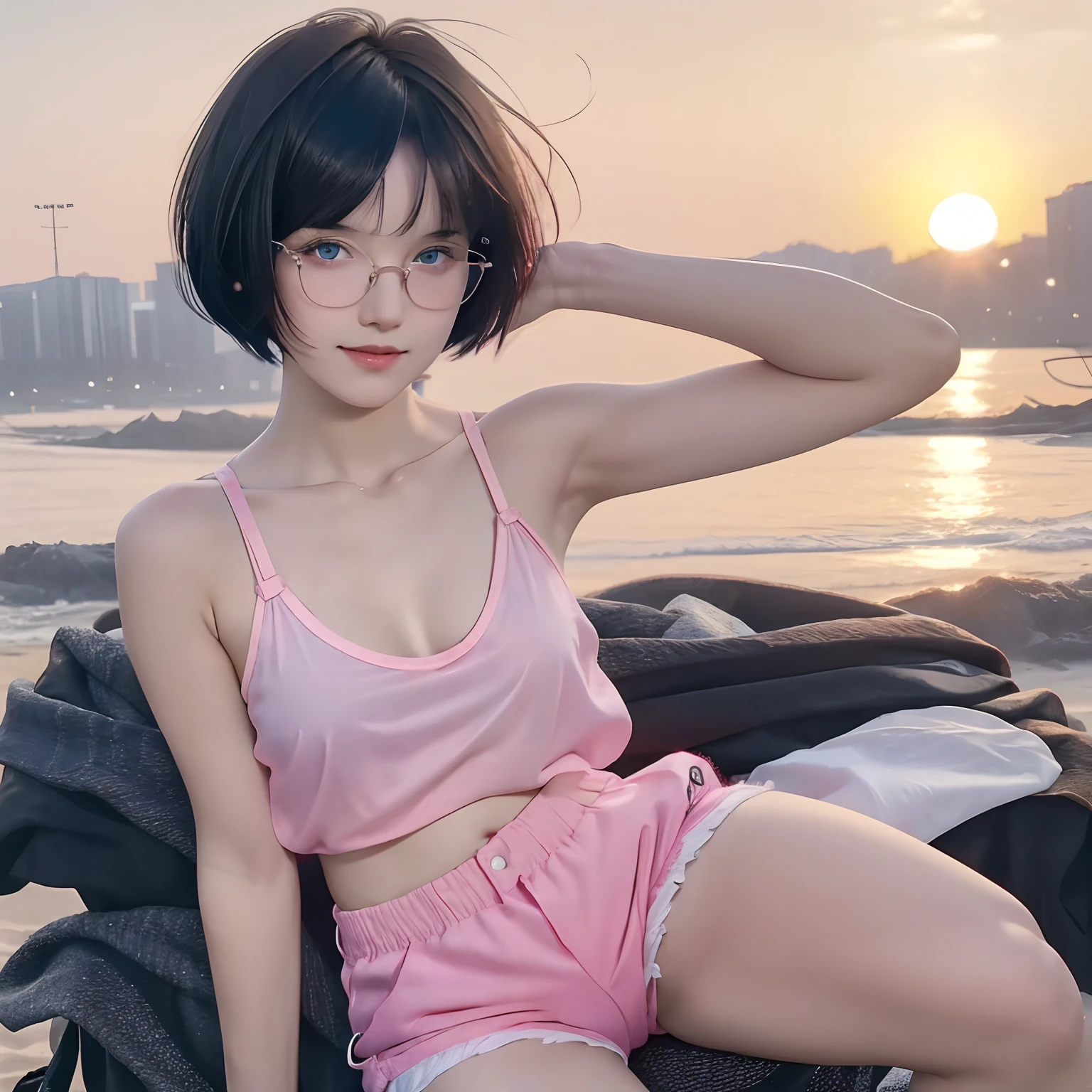 16 years old cute girl with black short bob hair and bangs, she is in eyeglasses, pink-strapped transparent white camisole, no bra, pink shorts, petite body, seen through, her skin bright, beautiful blue eyes, sunset, beach, she's doing selfie, 8k detailed high quality, nsfw, semi-realistic