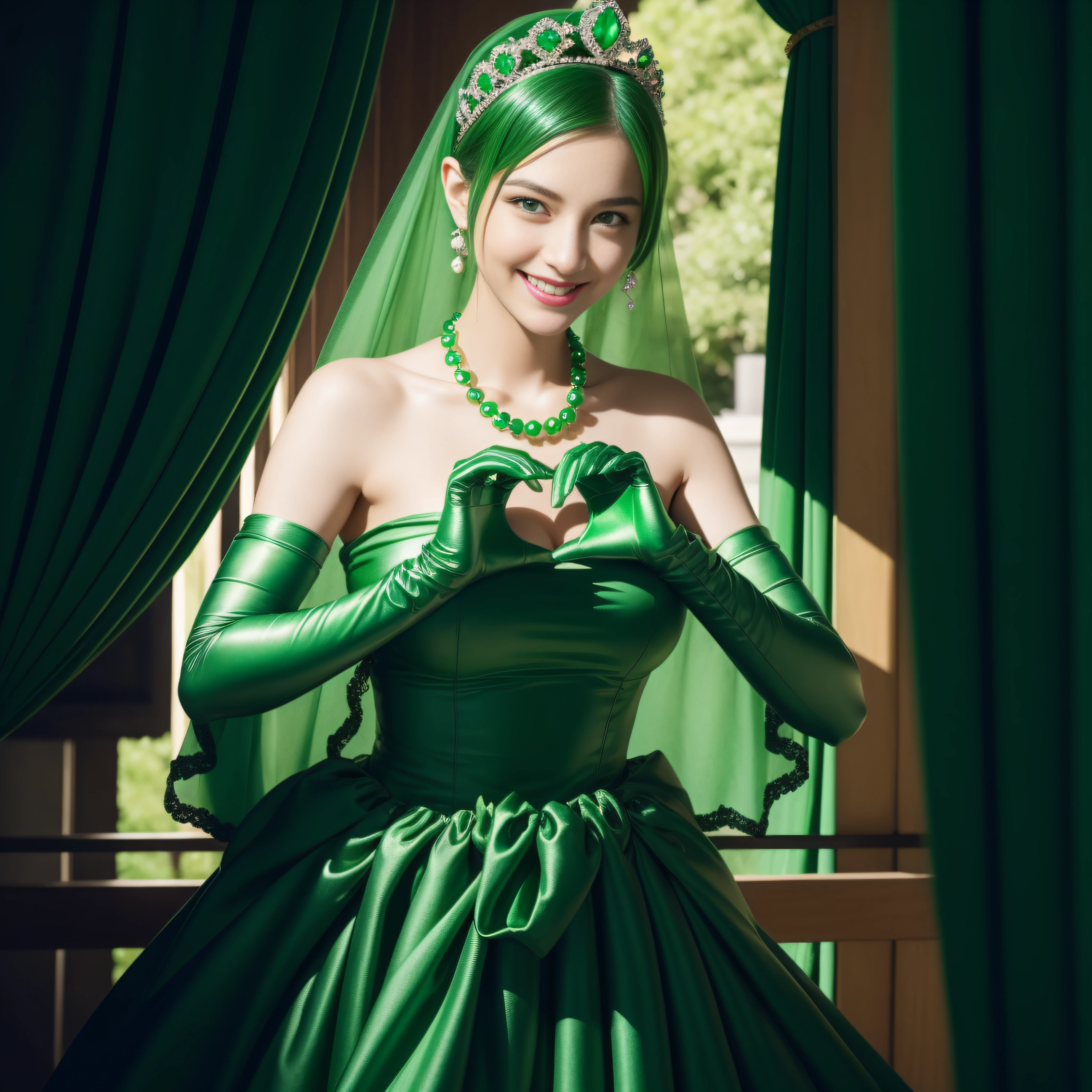 emerald tiara, Green Pearl Necklace, Boyish very short green hair, lipsticks, Japan woman smiling, very short short hair, big breasts beautiful, Green eyes, Long green gloves made of satin material, Green eyes, Emerald Earrings, green vale, Heart with both hands